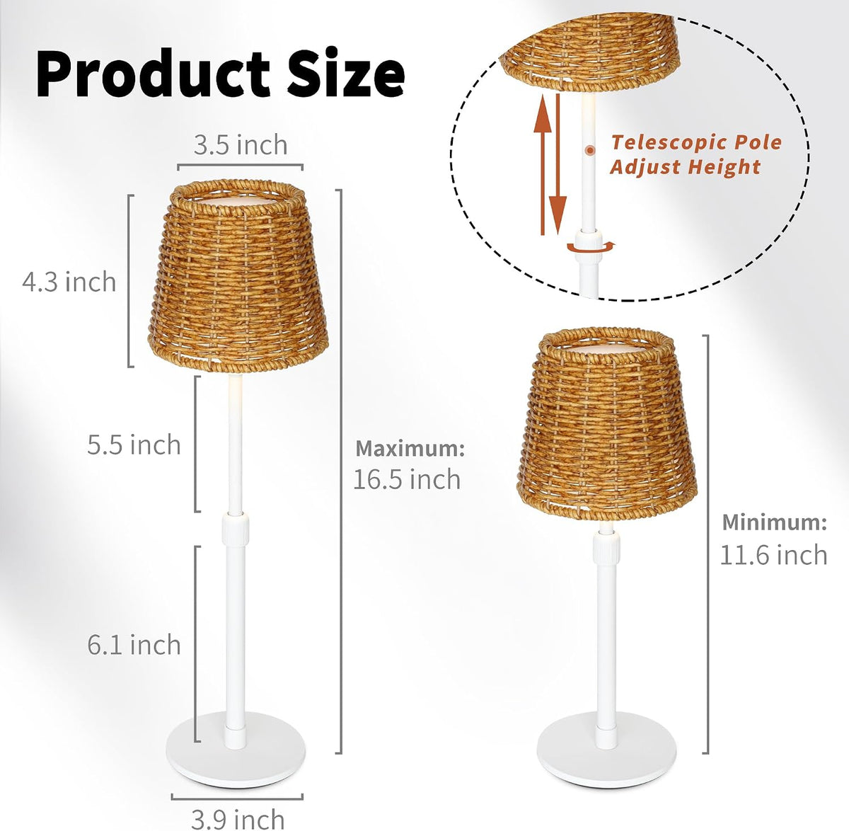 Mr.White Outdoor Waterproof Rechargeable Cordless Table Lamp with Wicker Shade, 5200mAh Battery Operated Table Light