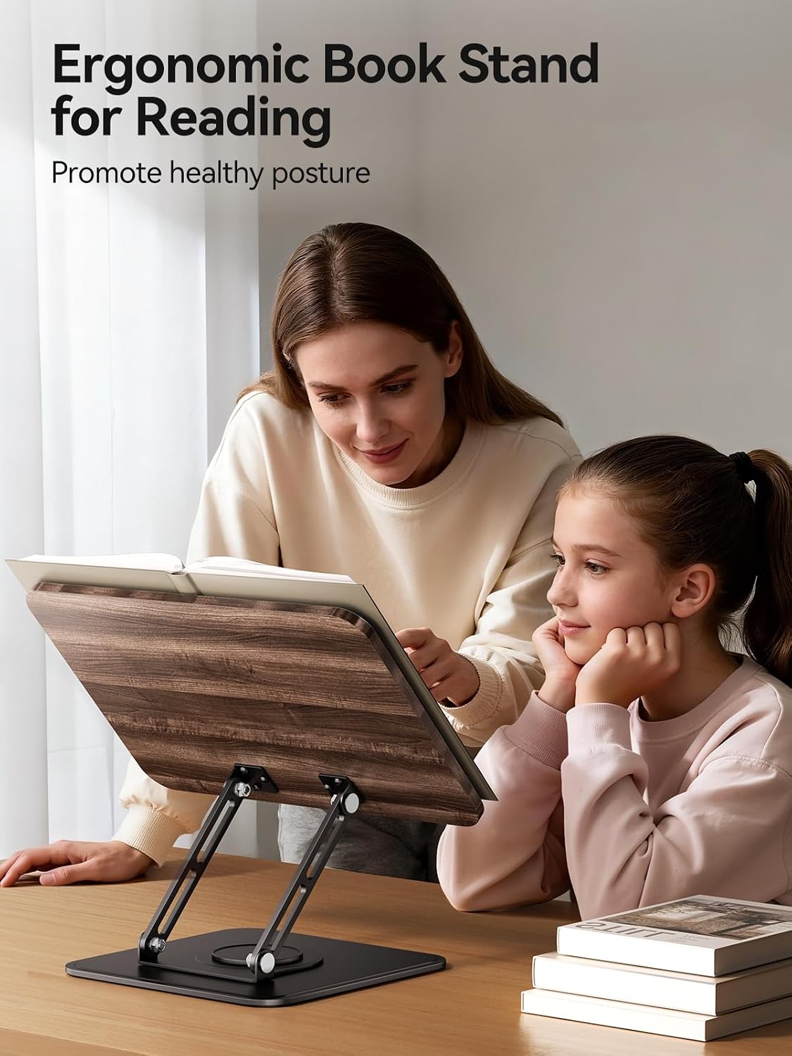 Tounee Book Stand, 360° Rotating Reading Book Holder, Adjustable Cookbook Holder for Reading Hands-Free, Foldable