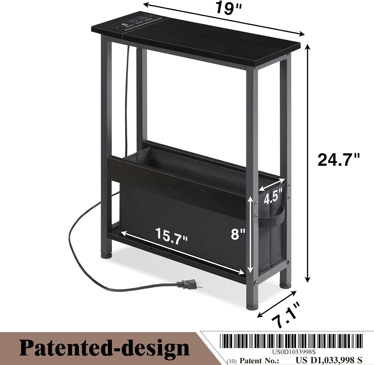 BAMGROW Slim Charging End Table with Storage - for Small Spaces and Bedroom (Black)