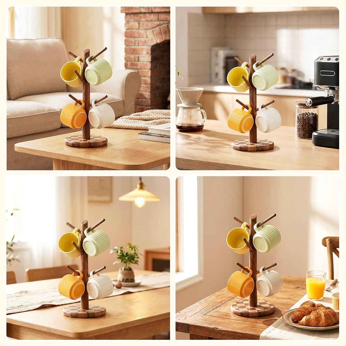 Natural Wood Mug Holder for Counter Top, Acacia Wood Coffee Mug Tree | Non-Slip Wooden Mug Organizer for Kitchen