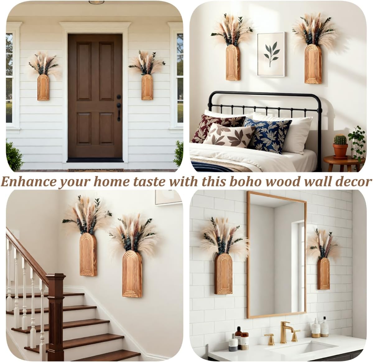 Wooden Wall Vase Set / Brown with Dry Flowers / Set of 2