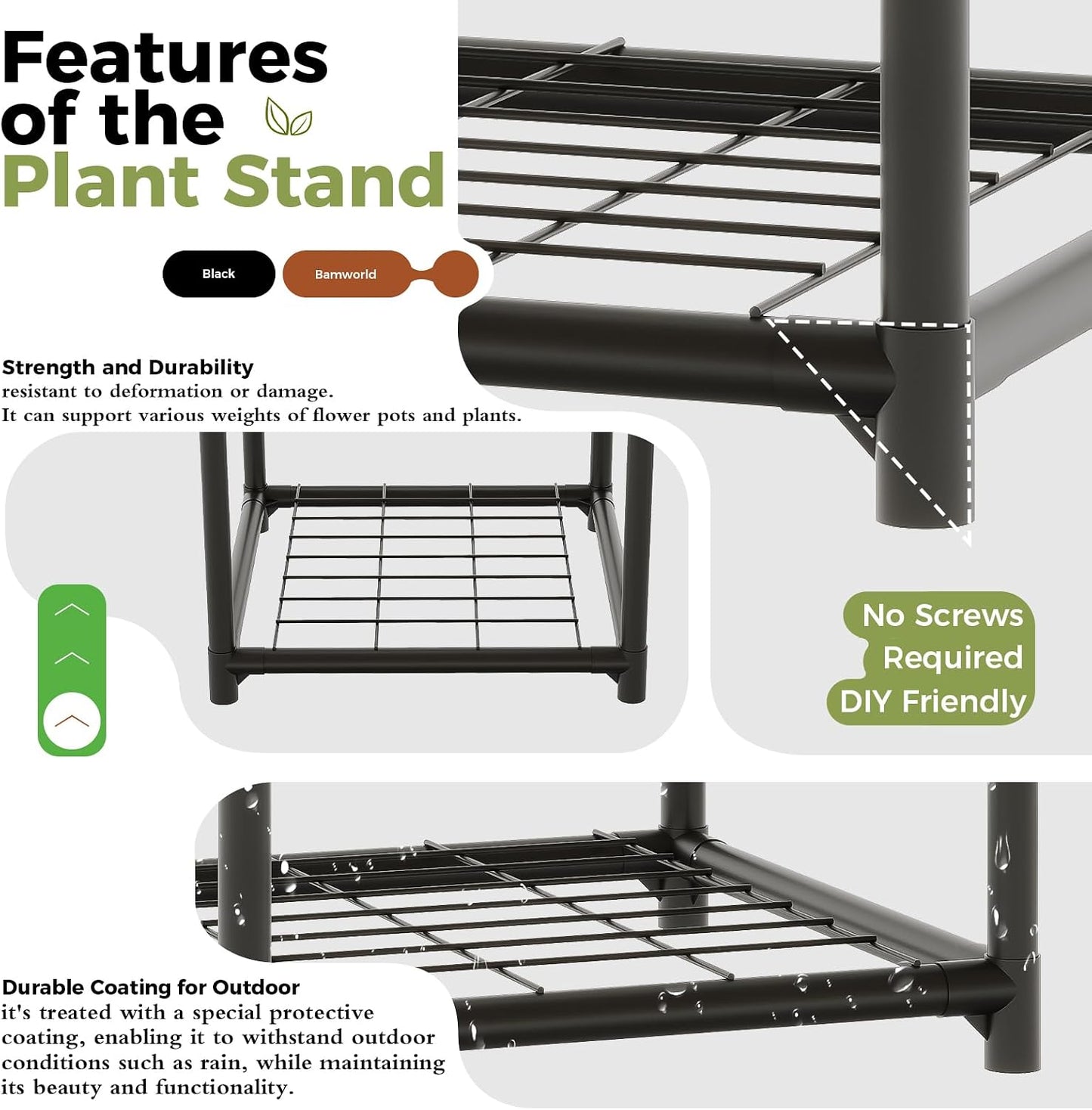 Bamworld Plant Stand Outdoor Metal Plant Shelf for Multiple Plants Large Plant Holder Waterproof for Garden Living Room