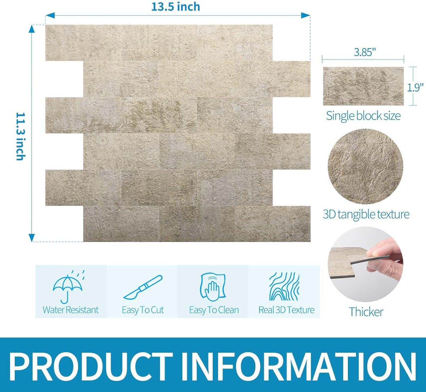 Stick on Stone Tile / Stone Beige / 11.3 x 13.5 / Set of 10