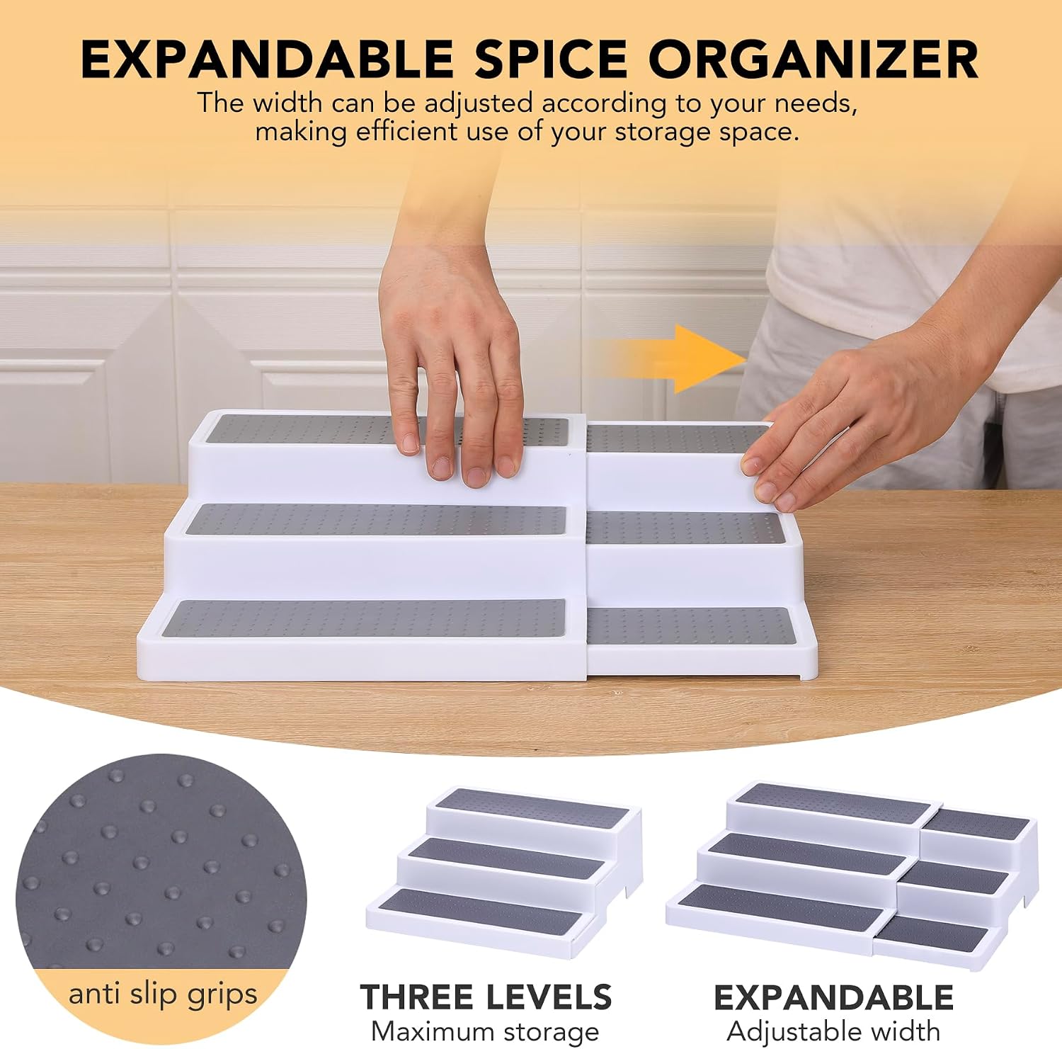 CiWiVOKi 3-Tier Expandable Spice Rack, Plastic Spice Rack Organizer for Cabinet, Adjustable Length, Non-Skid Spice