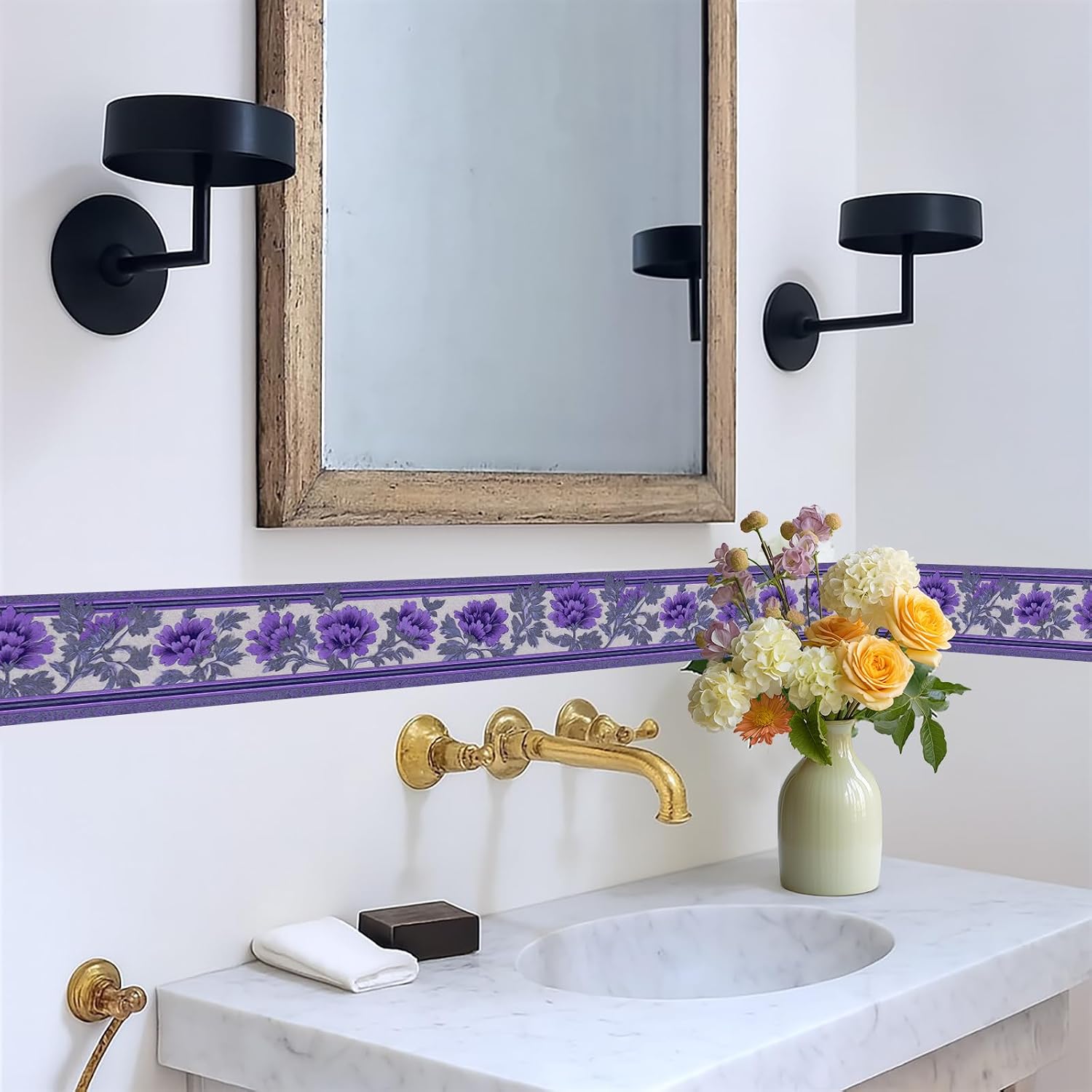 Purple Floral Wallpaper Border Peel and Stick Wall Border Self Adhesive / Purple Floral#2 / 196 x 4