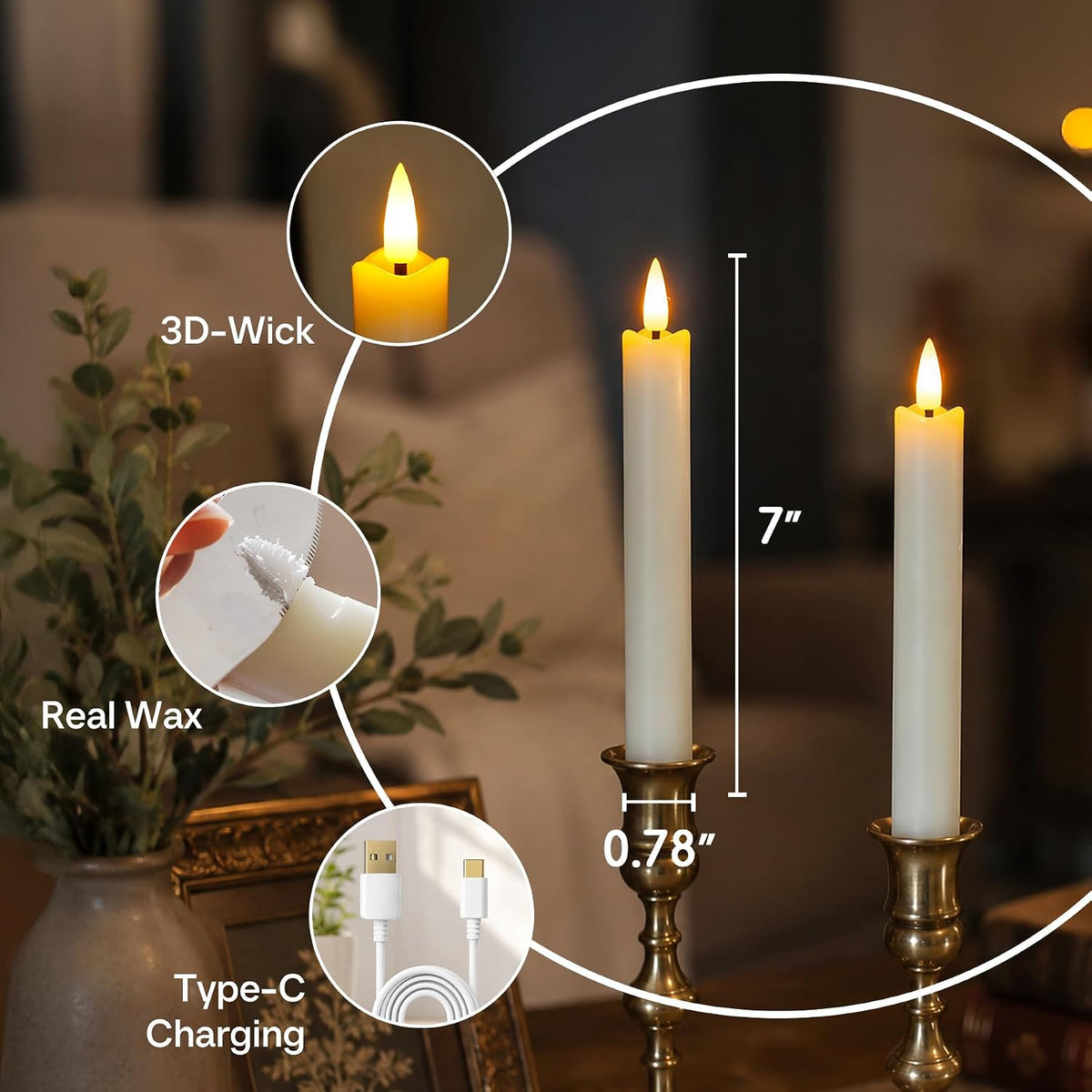 Rechargeable LED Taper Candles with Remote Timer, Flameless Ivory Real Wax Set of 6 with Charging Station, Flickering