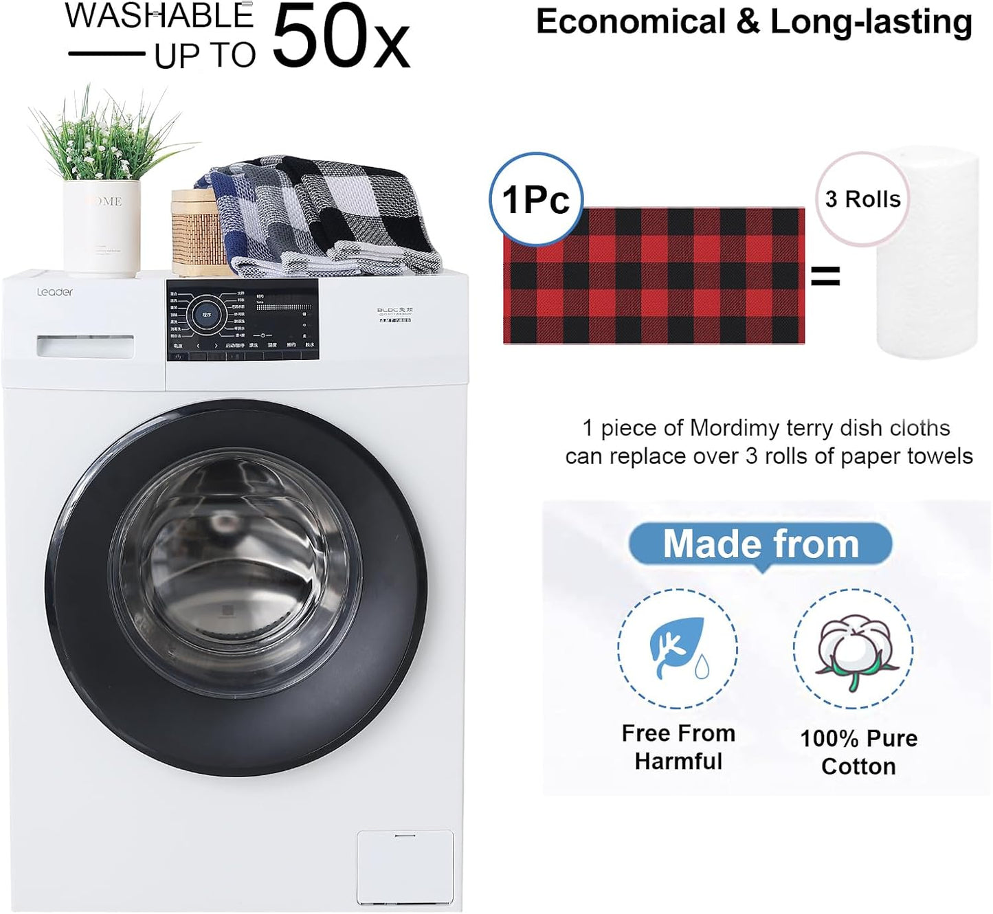 Mordimy Cotton Waffle Weave Kitchen Towels, 13"x 28", 6 Pack, Black & Red | Super Soft and Absorbent Buffalo Check