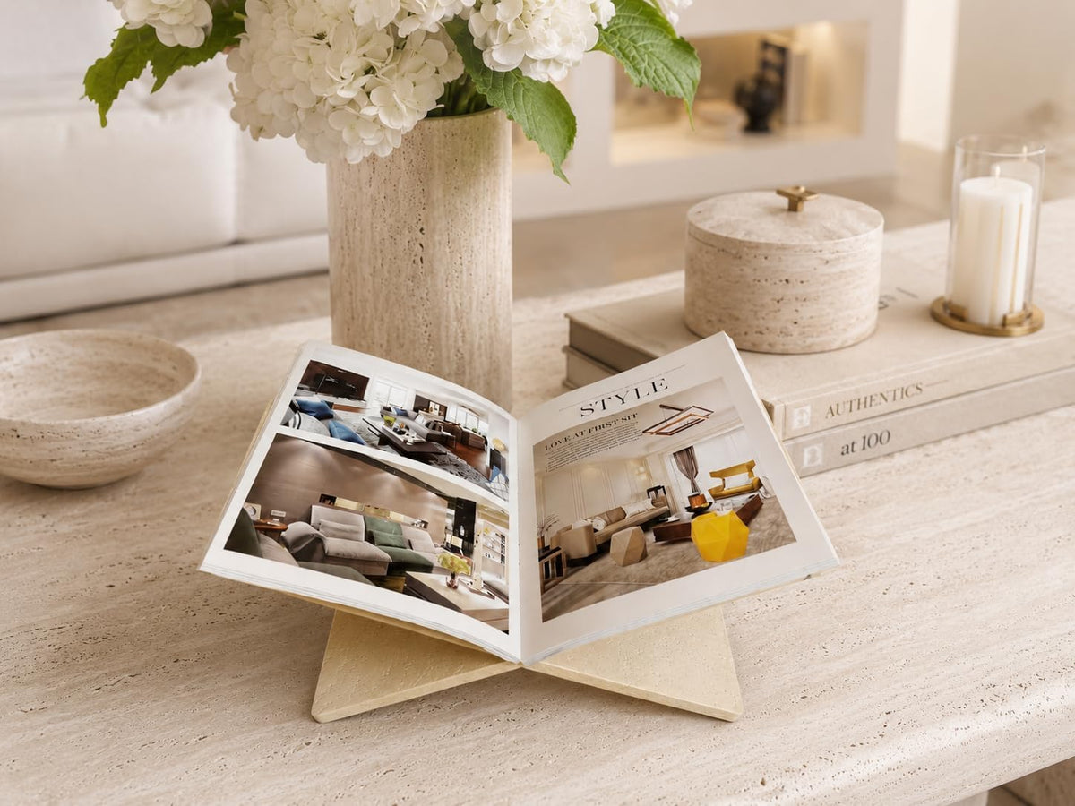 Faux Travertine Resin Book Stand, Large Open Book Holder Stand for Display & Reading, Coffee Table Book Stand for