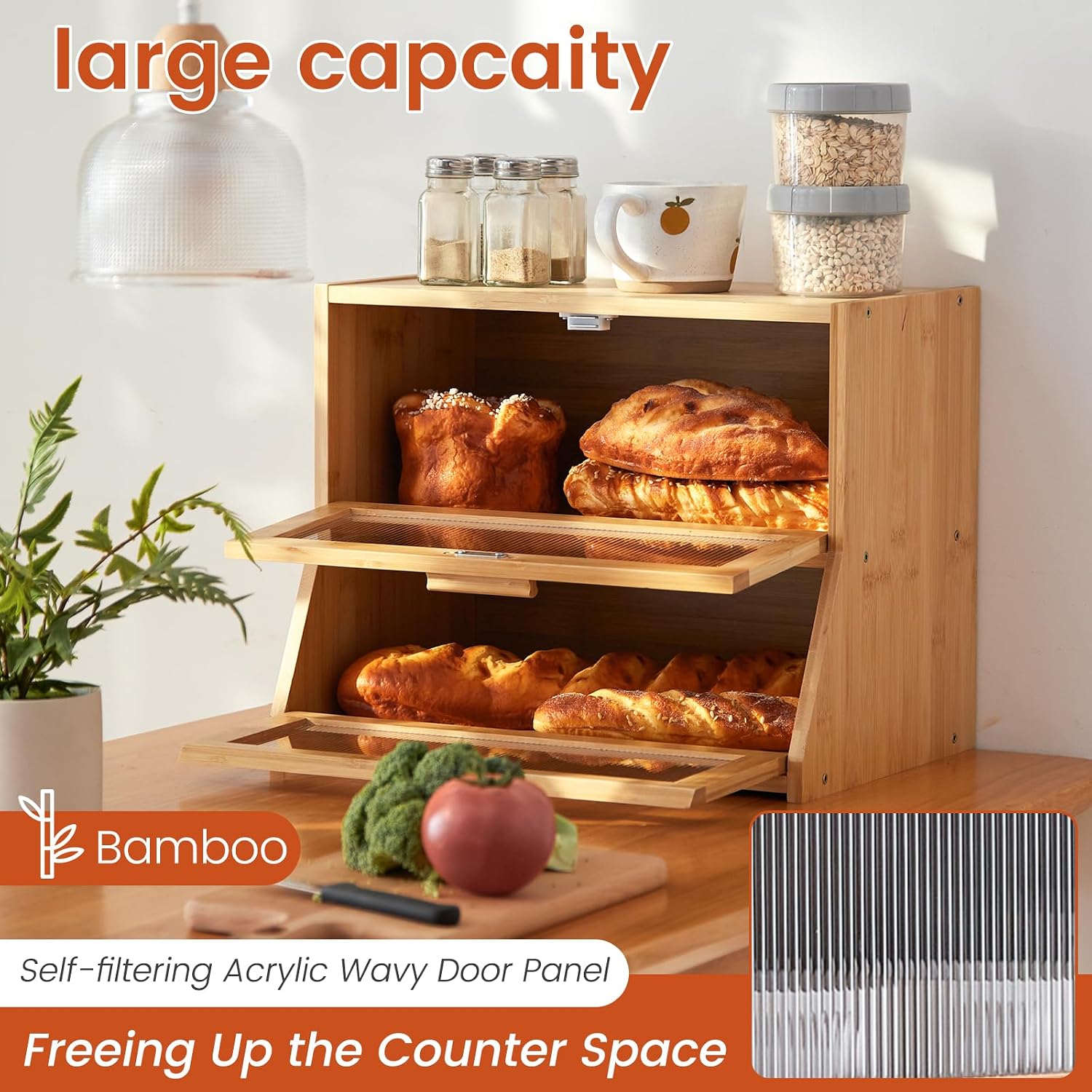 GHWIE Double Layer Bamboo Bread Box for Kitchen Counter,Large Capacity Bread Storage Bin,Bread Container with Acrylic