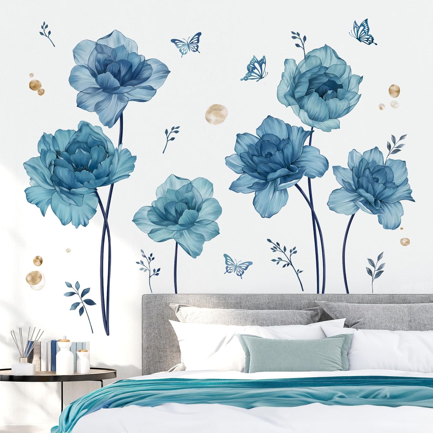 Large Flowers Wall Stickers Peony Floral Plants Butterfly Peel and Stick Wall Art Decals / Blue