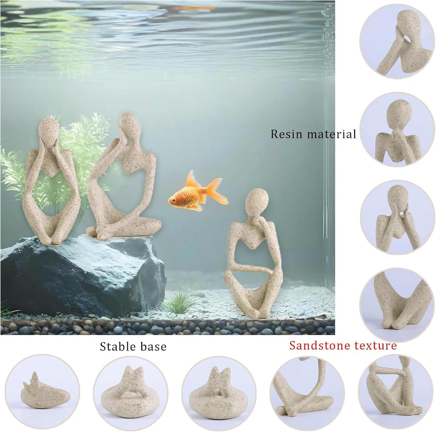 Fish Aquarium Decor Ornaments Minimalist Sandstone Fish Tank Decorations / Thinker Statue / Set of 3
