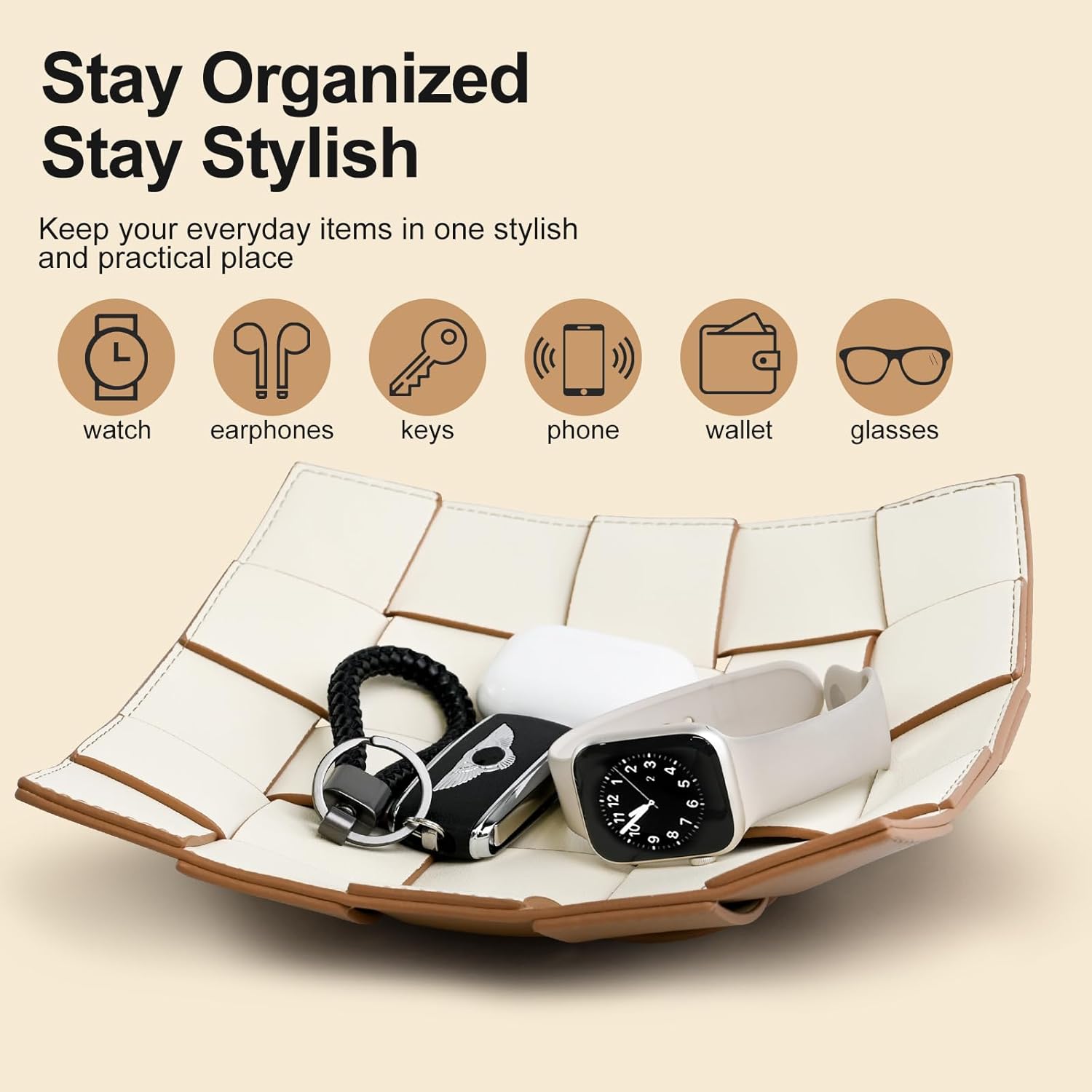 Valet Tray PU Leather Key Bowl for Men Women Entryway Table Nightstand Catchall EDC / Coffee + White