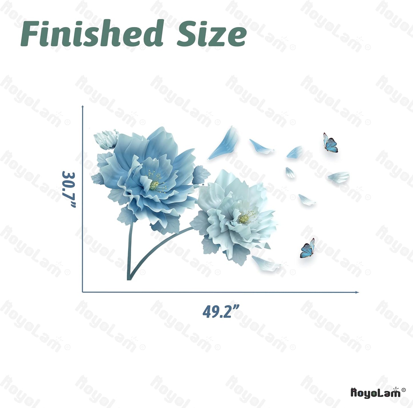 Large Flowers Petals Butterflies Wall Decals Living Room Floral Wall Stickers Removable Peel / Blue