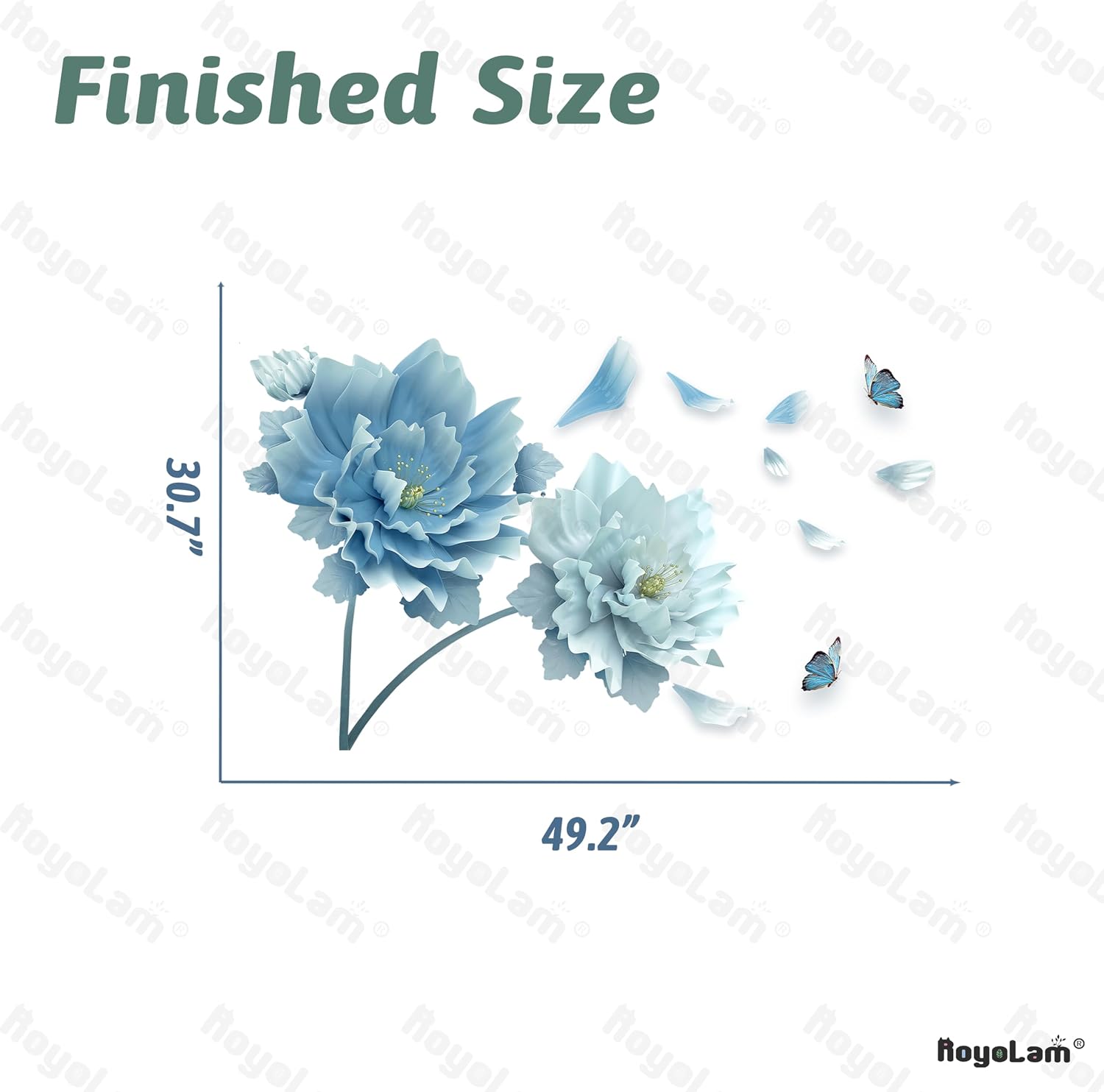 Large Flowers Petals Butterflies Wall Decals Living Room Floral Wall Stickers Removable Peel / Blue