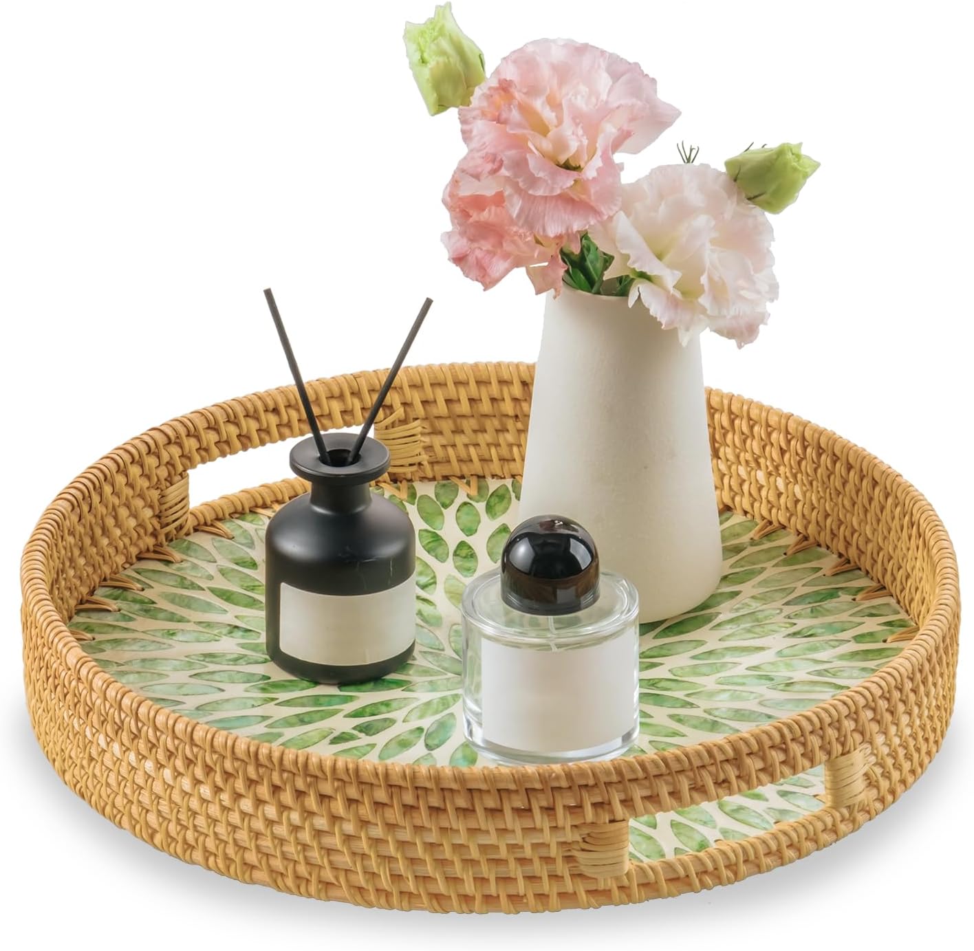in Round Rattan Serving Tray / Green / 13.8 Inch