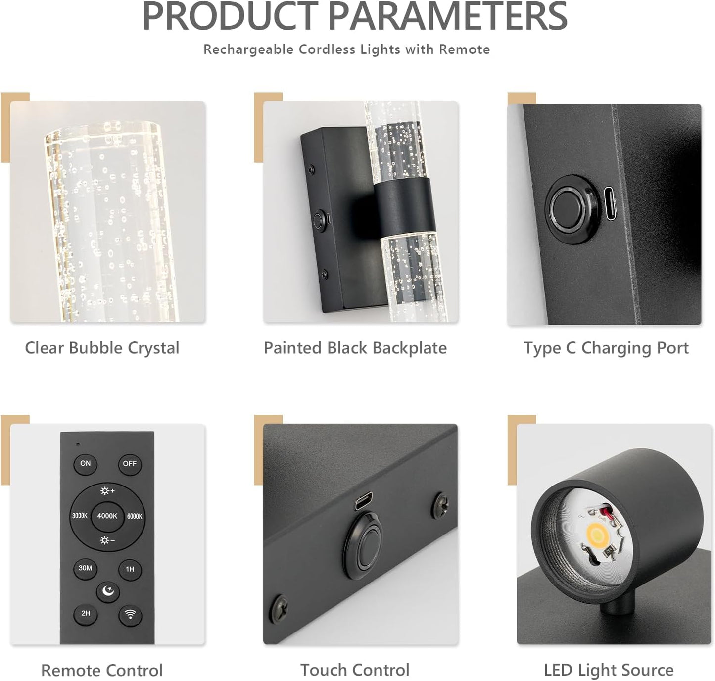 Battery Operated Wall Sconces Set of 2, 20000mAh Rechargeable Wall Light | Remote Control 3000K-6000K Dimmable LED