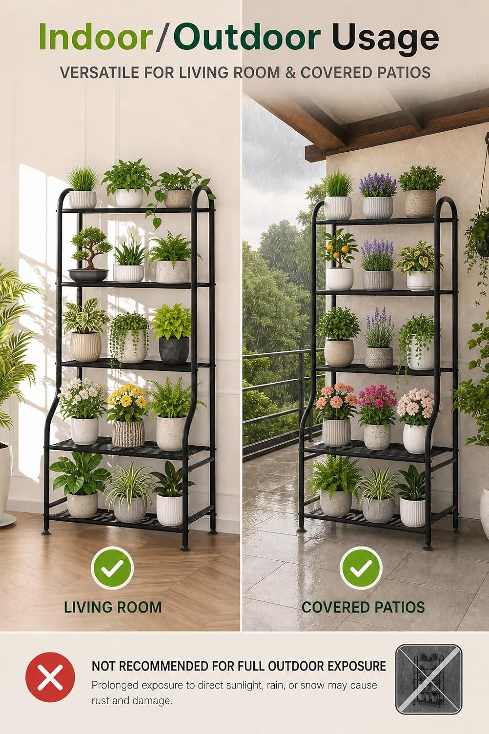 5-Tier Metal Plant Stand - Heavy Duty Indoor Outdoor Flower Shelf for Multiple Pots, 65" Tall Vertical Holder with