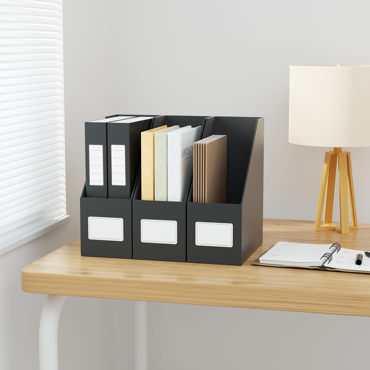 Black Magazine File Holders，3 Packs Cardboard File Rack, Folder Holder | Sturdy Cardboard Desktop Storage File Box