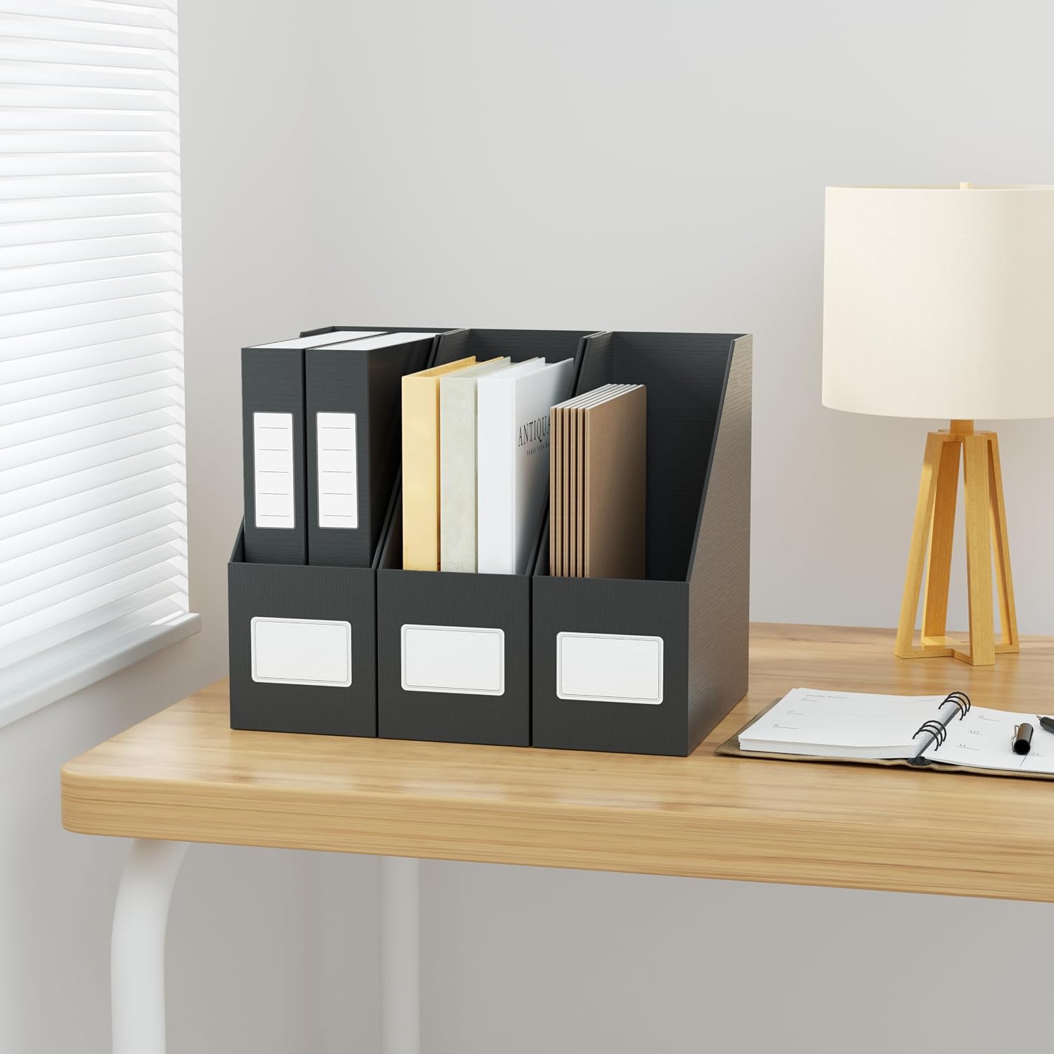 Black Magazine File Holders，3 Packs Cardboard File Rack, Folder Holder | Sturdy Cardboard Desktop Storage File Box