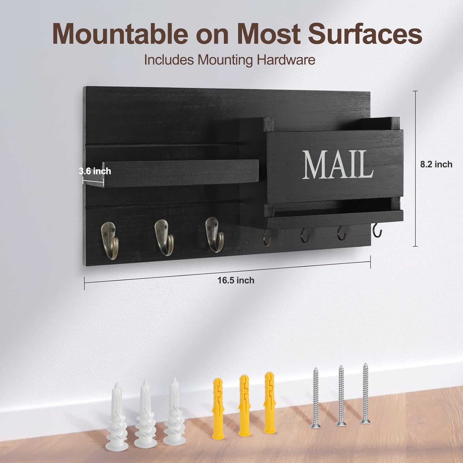 Shelf Includes Letter Holder and Hooks for Hallway Farmhouse / Black