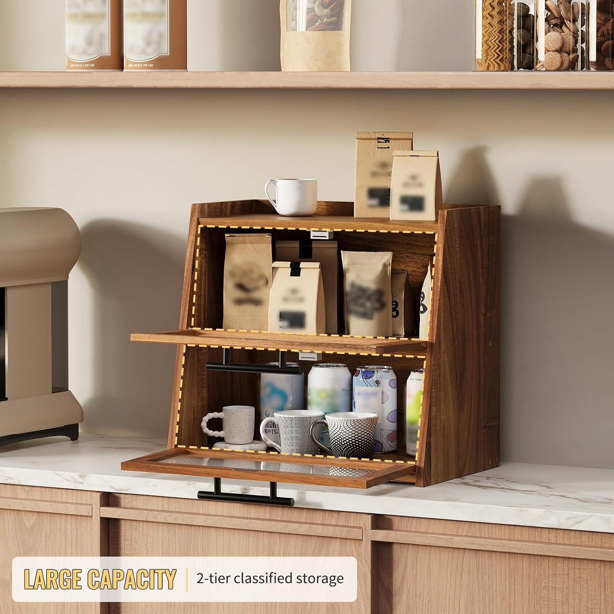Bread Box for Kitchen Counter,Wooden Double Layer Countertop Bread Storage | Bread Holder Container Bin with Window for
