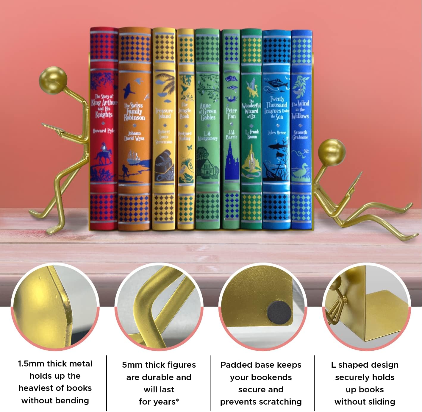 Heavy Duty Metal Unique Office Desk Bookends for use as Bookshelf Decor / Gold