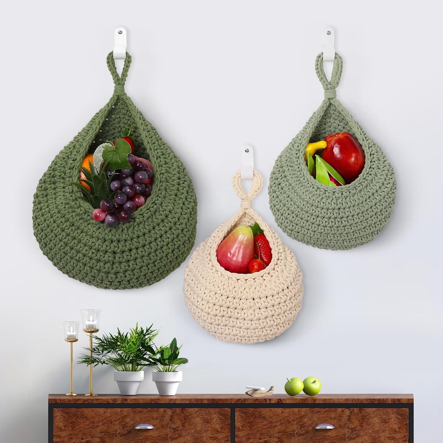 Boho hand-woven hanging linen basket / Set of 3