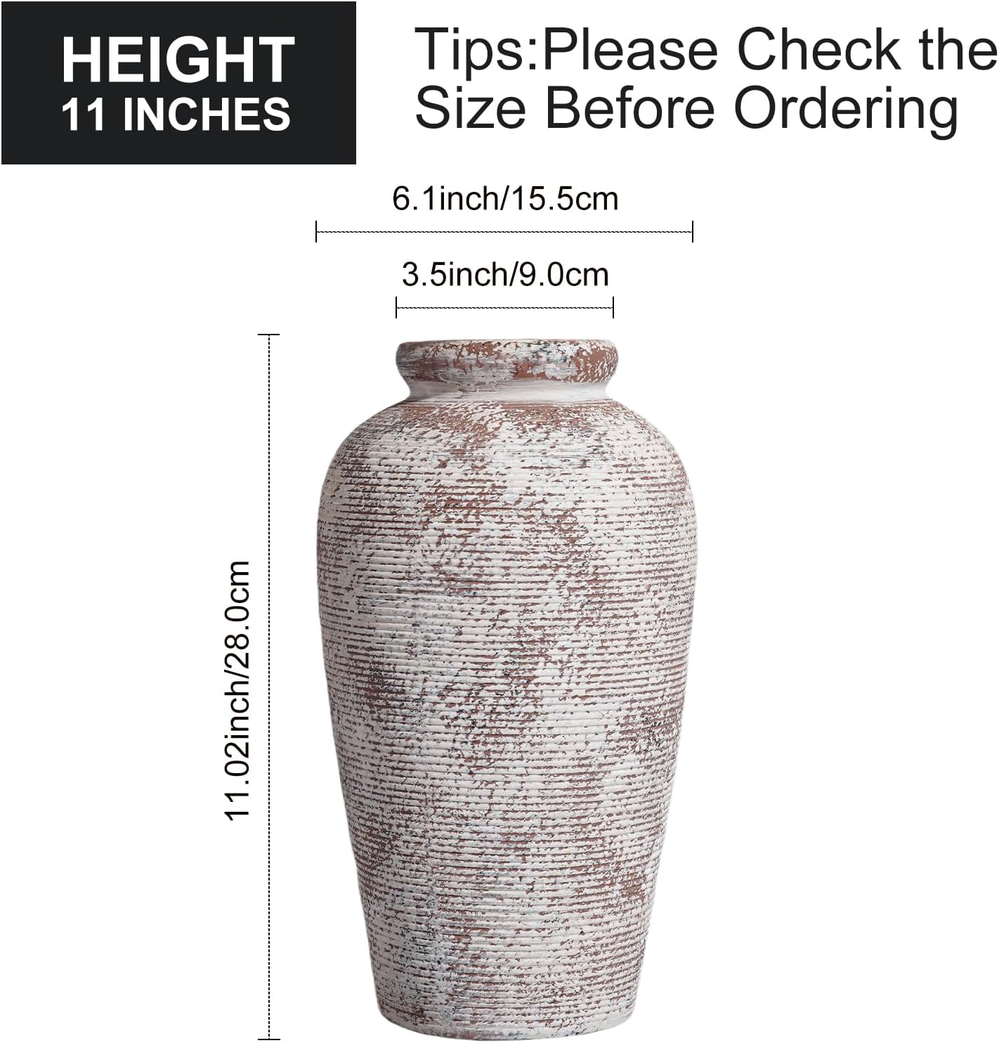 Rustic Farmhouse Vase / 11 Inch / Brown and White