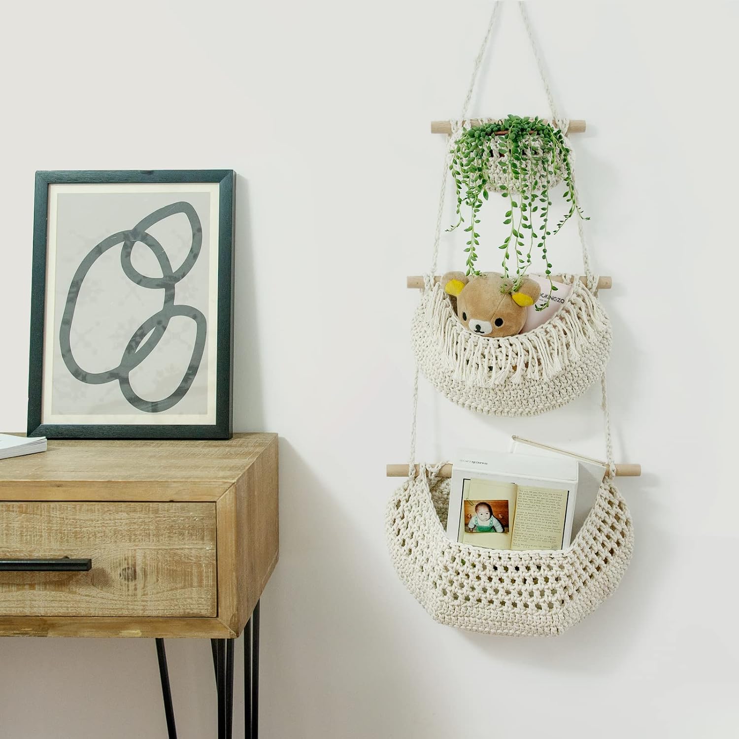 Handmade Woven Cotton Rope Wall Hanging Baskets for Organizing / White
