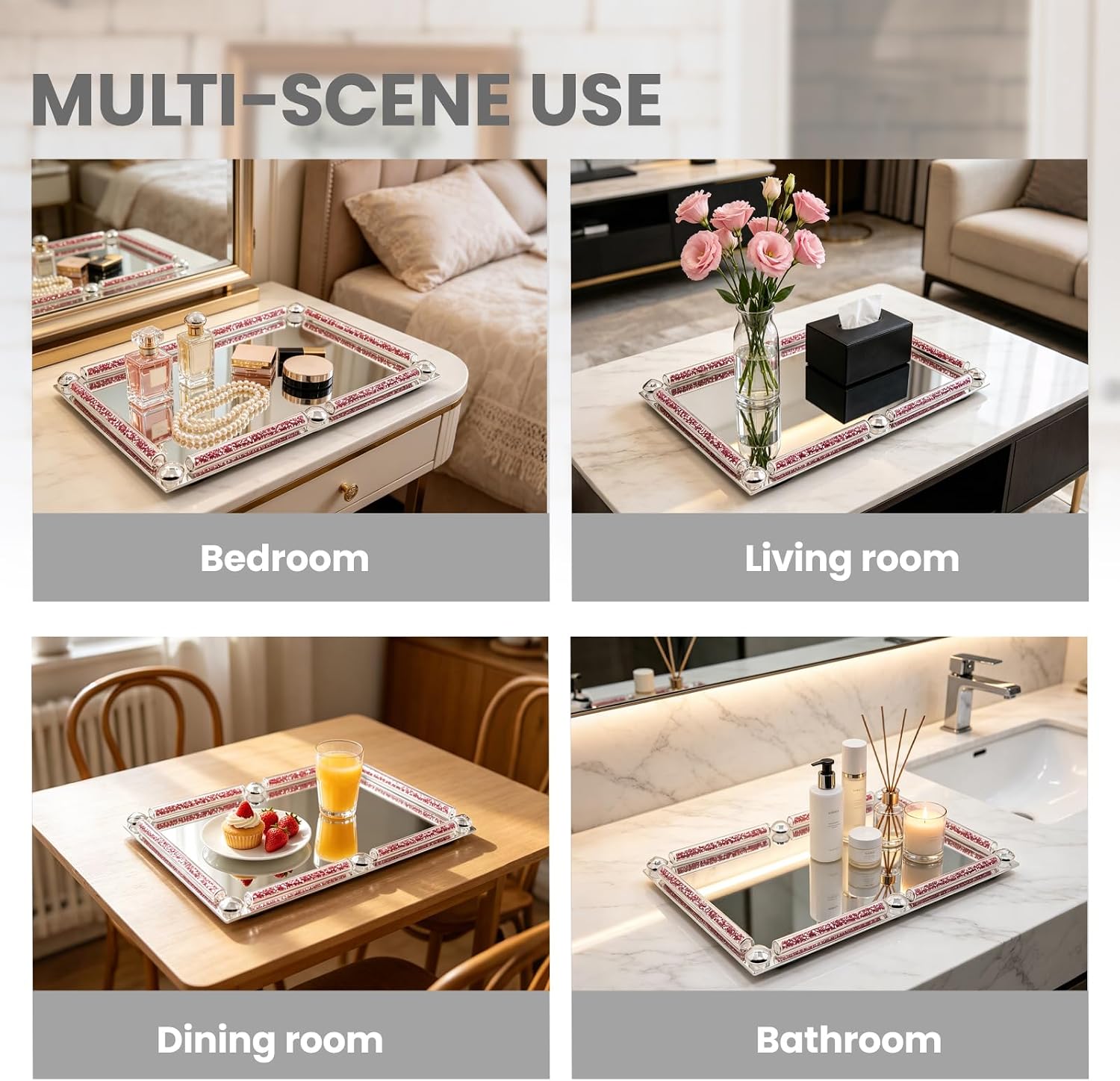 Mirror Glass Vanity Tray for Dresser / Rose / 11.8 x 7.9