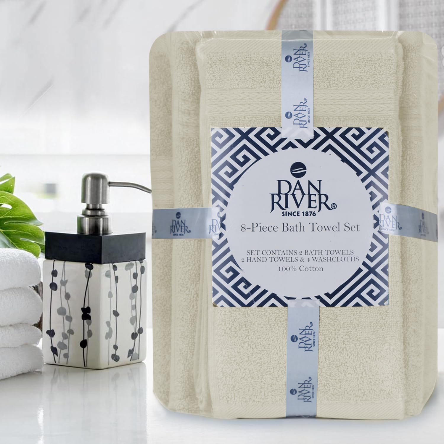 DAN RIVER 8 Piece Luxury Bath Towels for Bathroom, Towel Set, Ivory | 2 Bath towels, 2 Hand towels, and 4 Wash Cloths