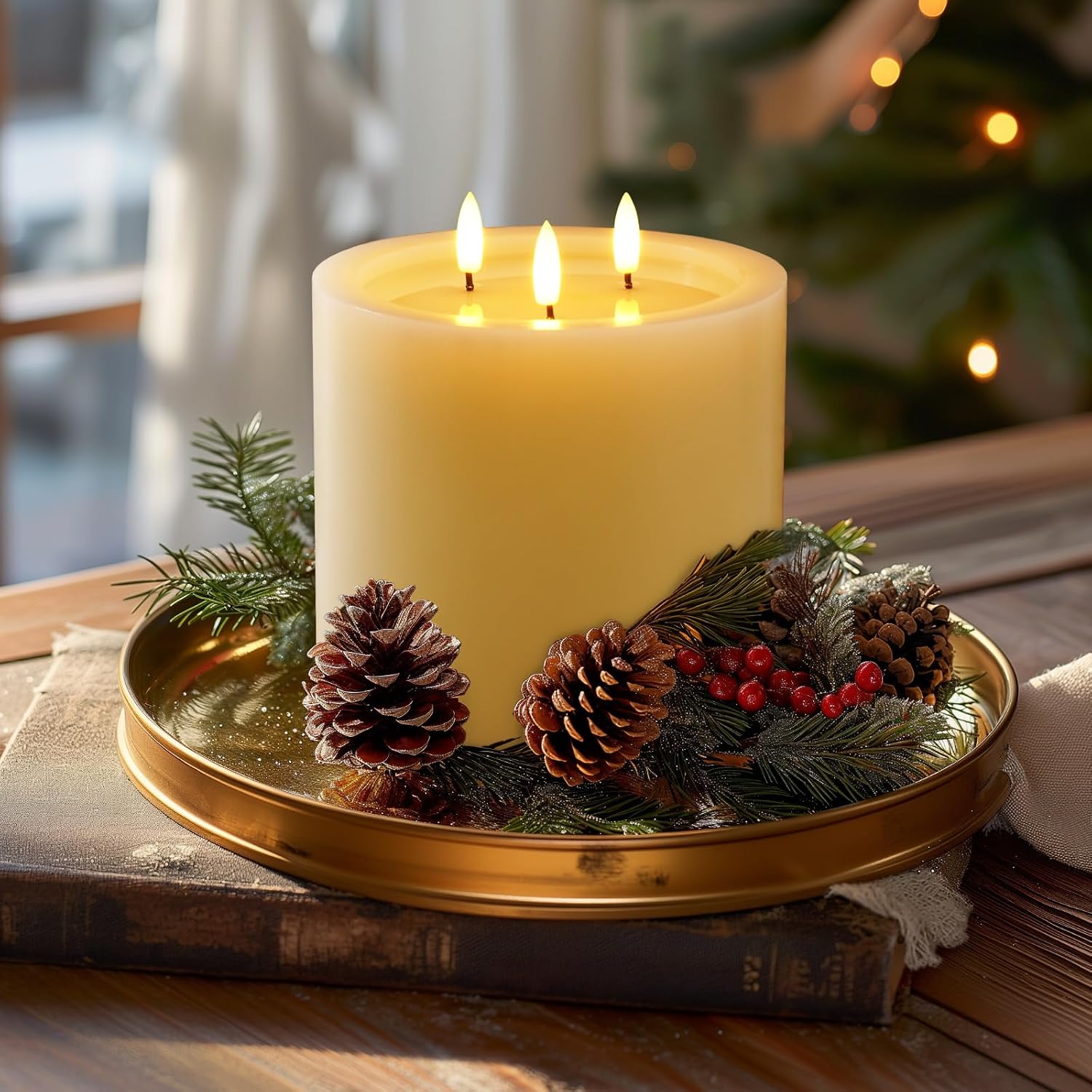 Amagic 3 Wick Extra Large Flameless Pillar Candles with Timer Remote, Ivory | 6"x6" Real Wax Battery Operated LED