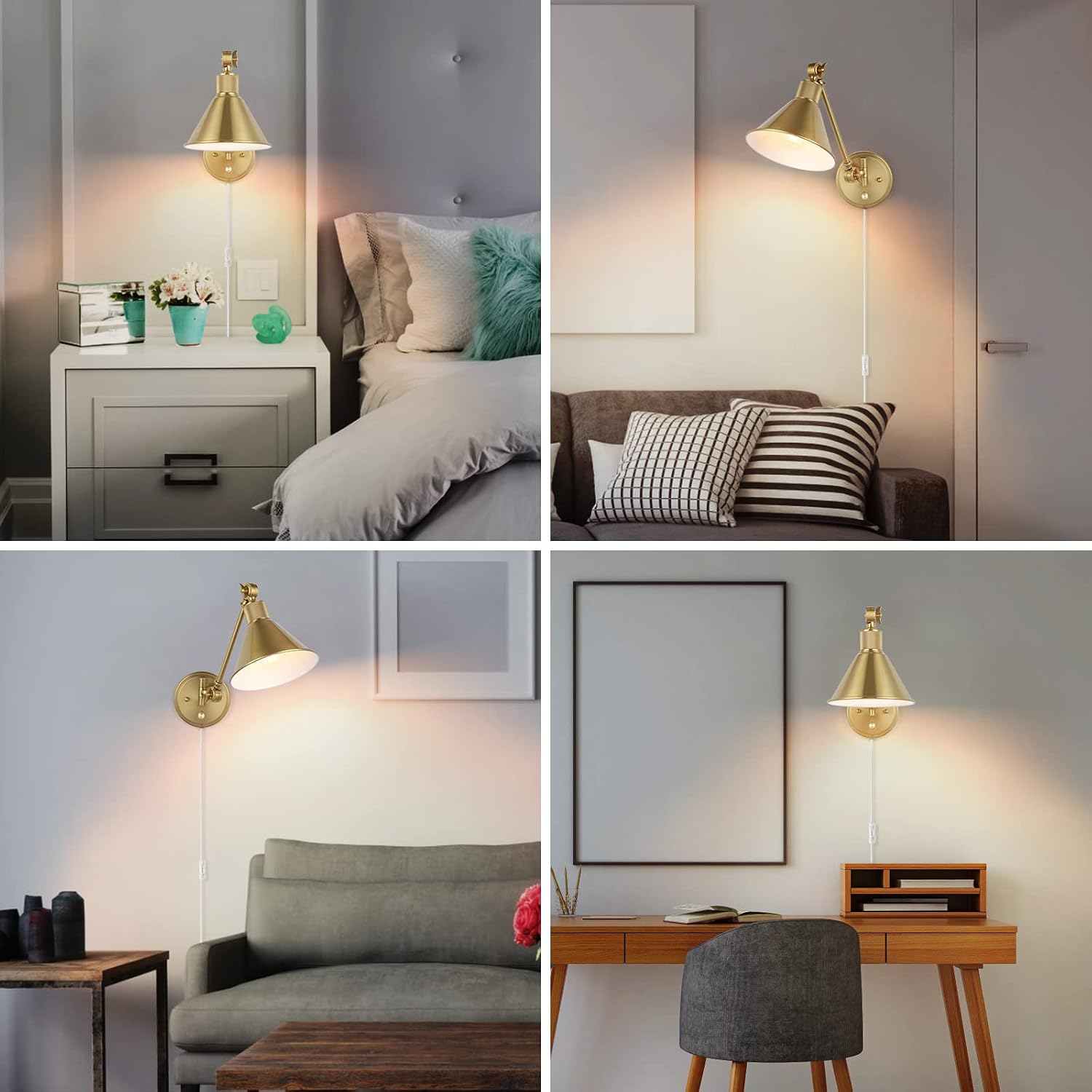 TRLIFE Wall Sconce Plug in, Dimmable Wall Sconce Brushed Brass Swing Arm Wall Lights with Plug in Cord and Dimmer