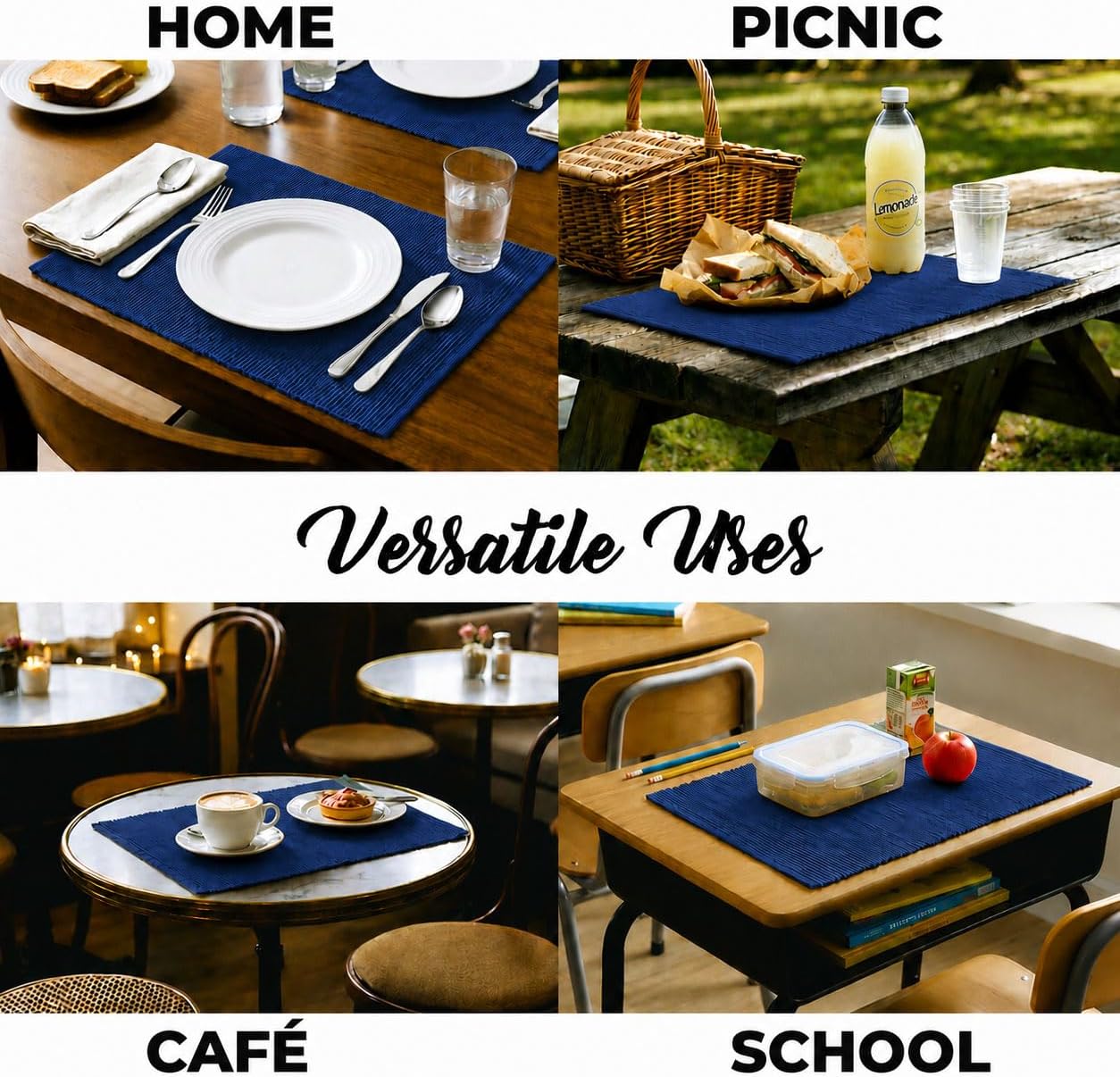 100% Cotton Ribbed Placemats - Set of 4-13 x 19 Inches - Royal Blue - Everyday Cloth Table Mats - Thick Construction