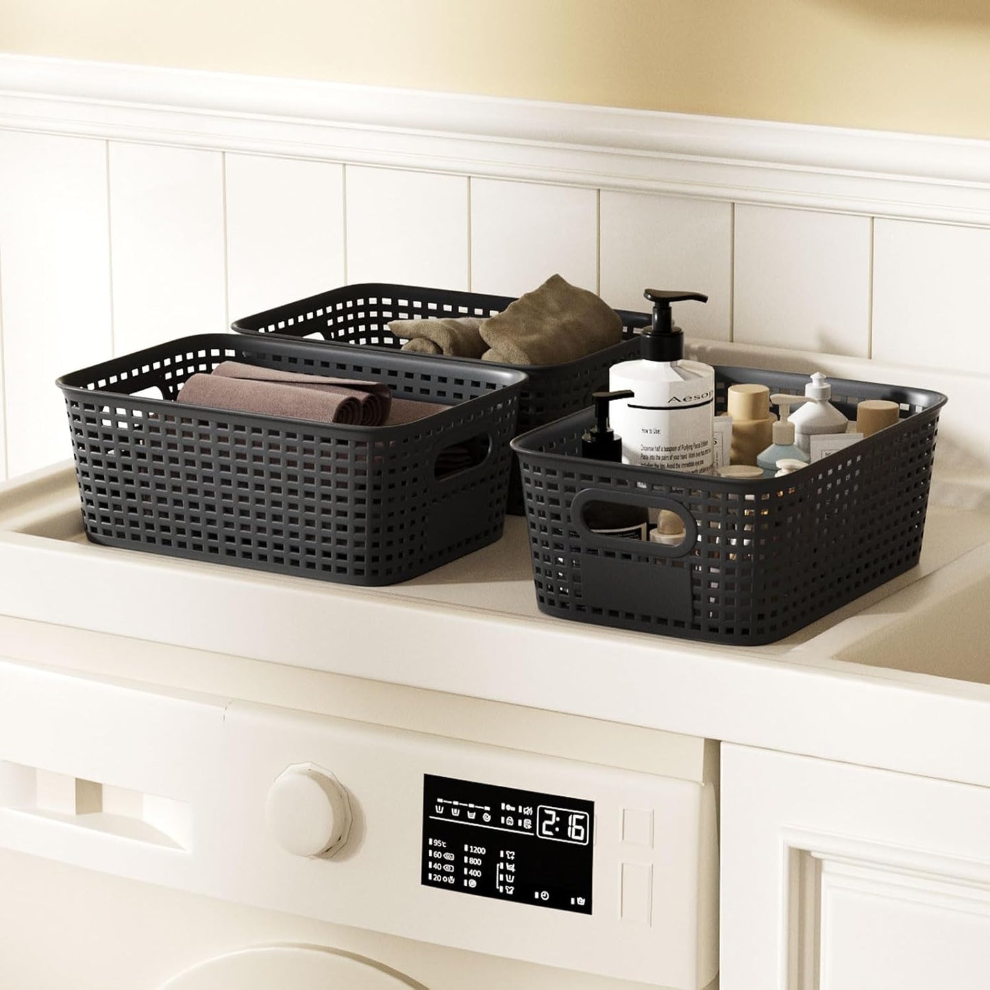 Storage Bins / Stackable Plastic Storage Basket / Black / Set of 6
