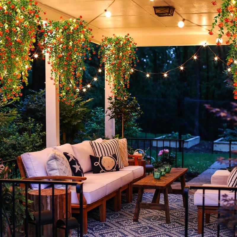 RECUTMS Artificial Plant, 3 Pack Hanging Plants with 30 LED Lights, 11.5in Eucalyptus, Orange Red, Indoor Outdoor Decoration