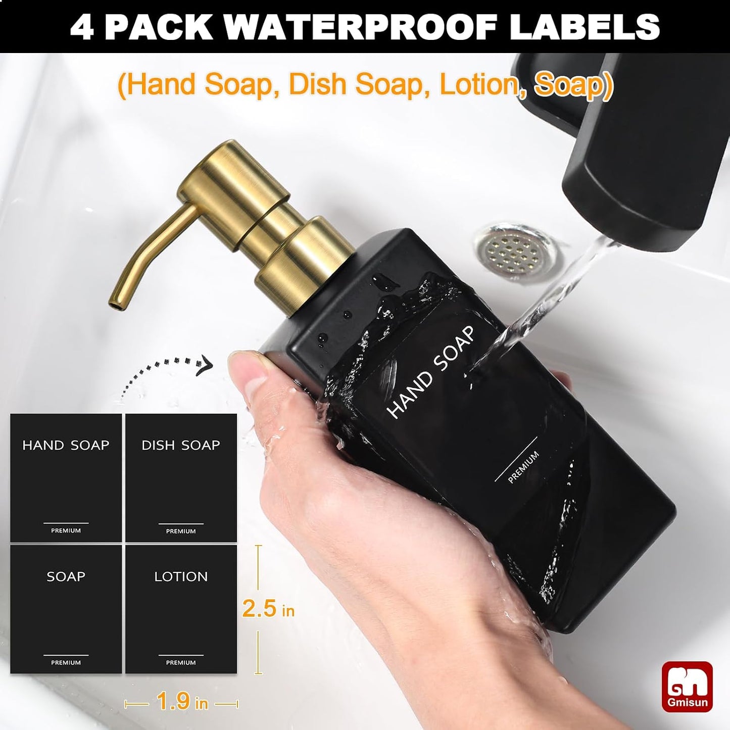 GMISUN Gold Soap Dispenser, Black Soap Dispenser Bathroom with Stainless Steel Pump, Hand and Dish Soap Dispensers Set