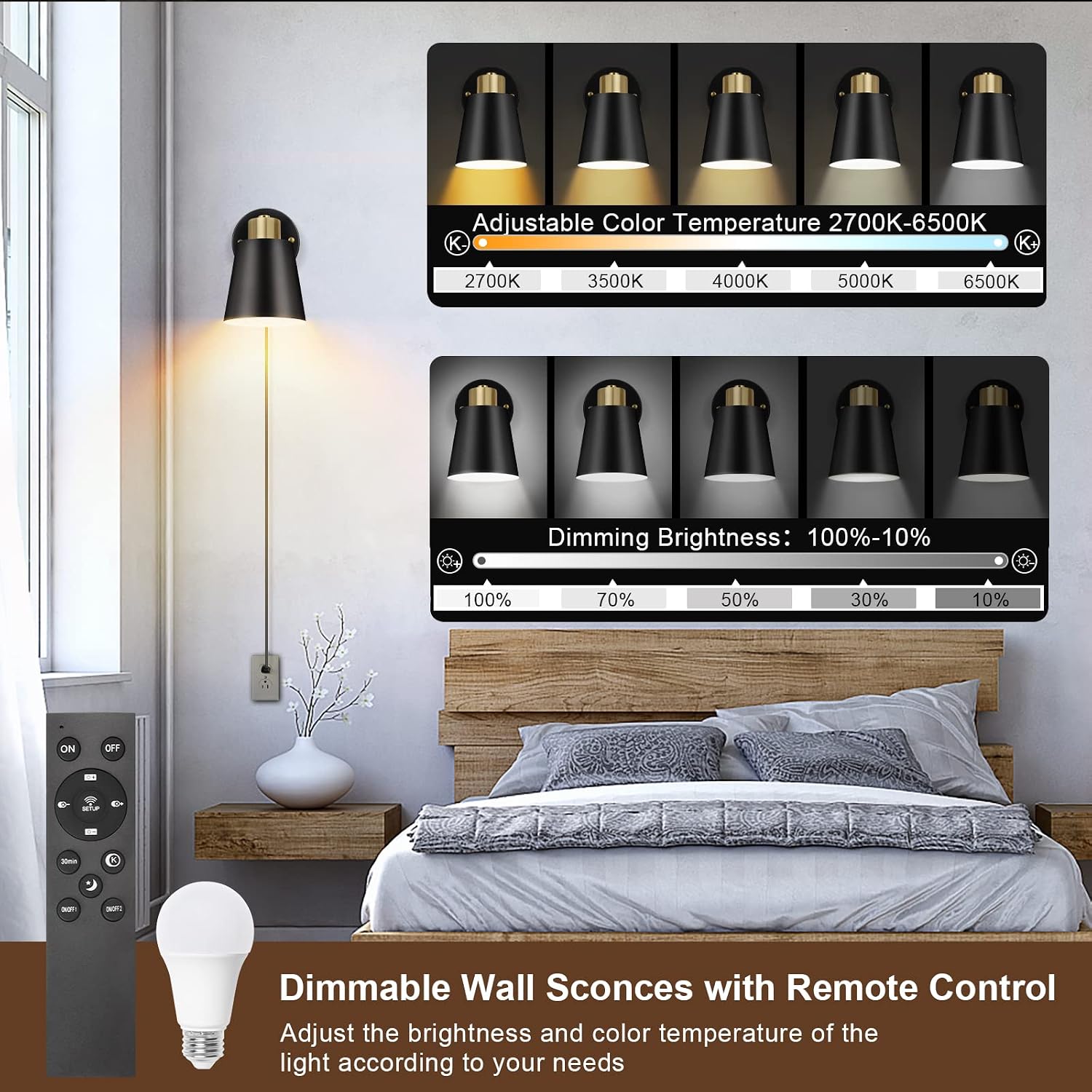 VATONI Wall Sconce Plug in, Remote Control Dimmable Wall Sconces and Adjustable Color Temperature 2700K-6000K Wall