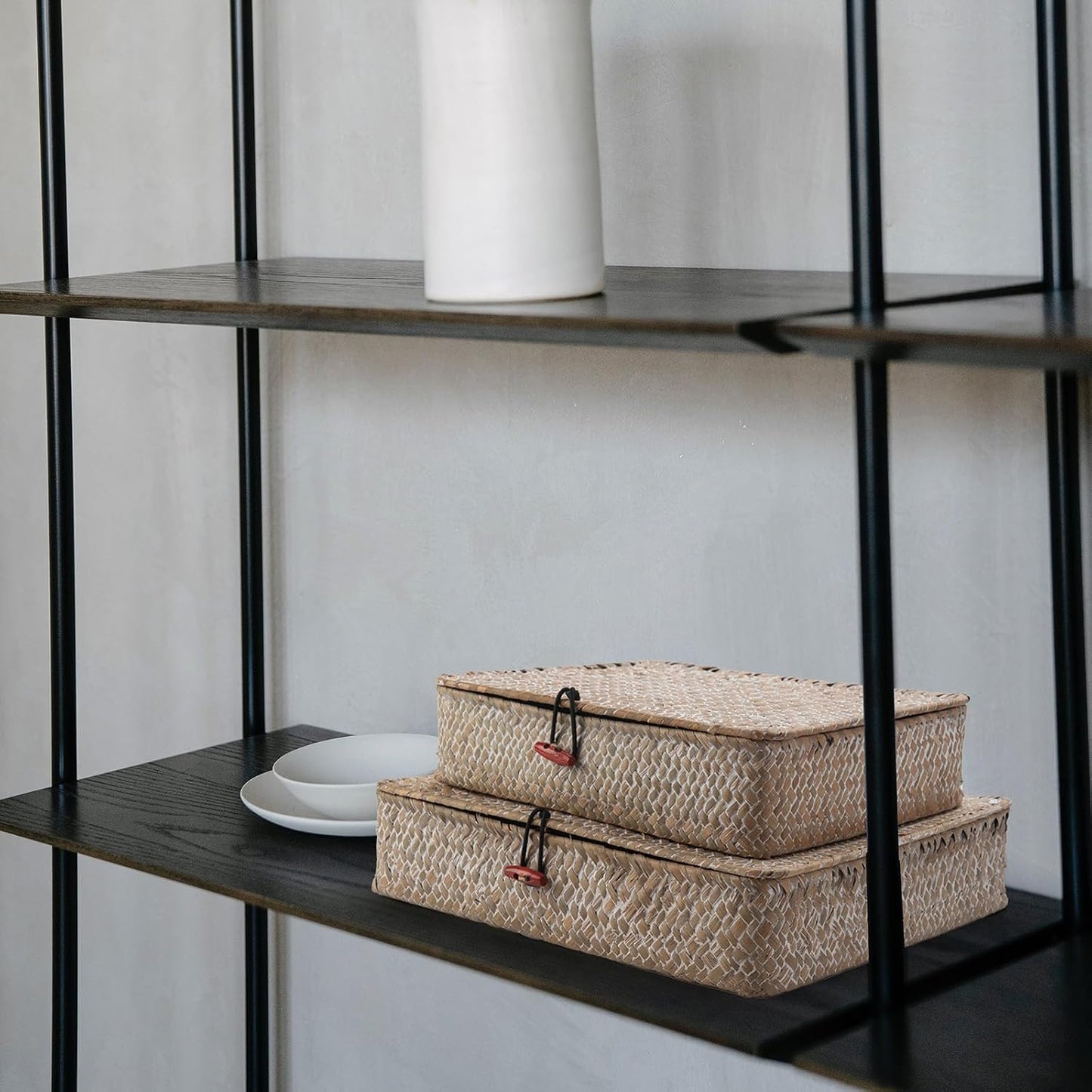 Wicker Basket / Flat Seagrass Storage Bins / Whitewash / Set of 2