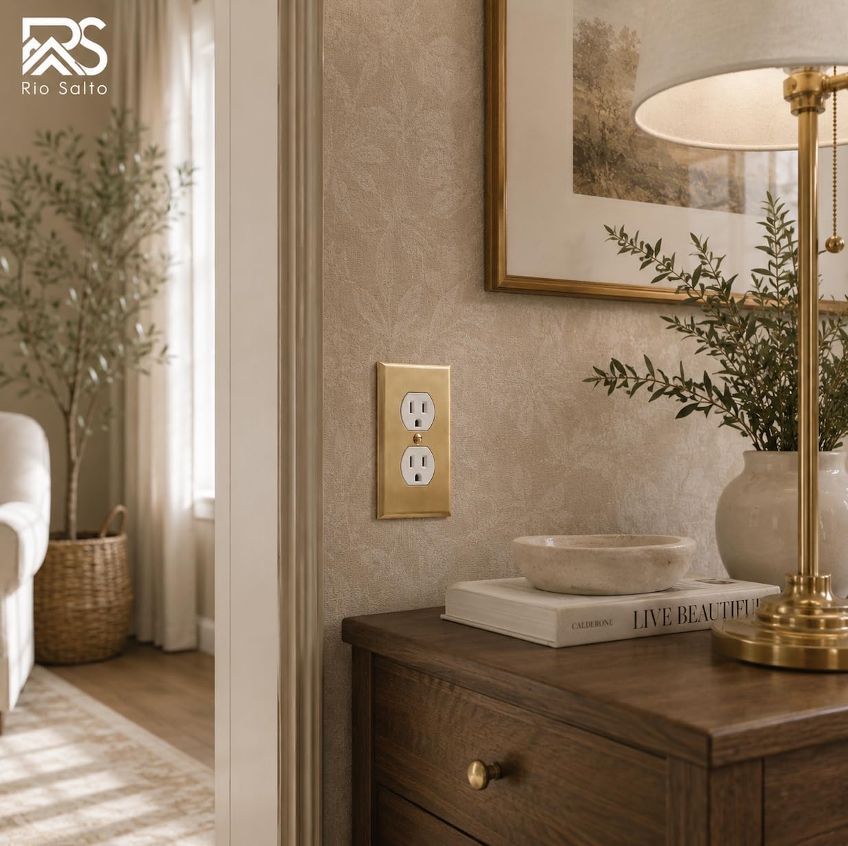 Rio Salto BRASS Signature Collection Brushed Brass Gold Metal Outlet Covers, Decorative Light Switch Cover Plate Wall