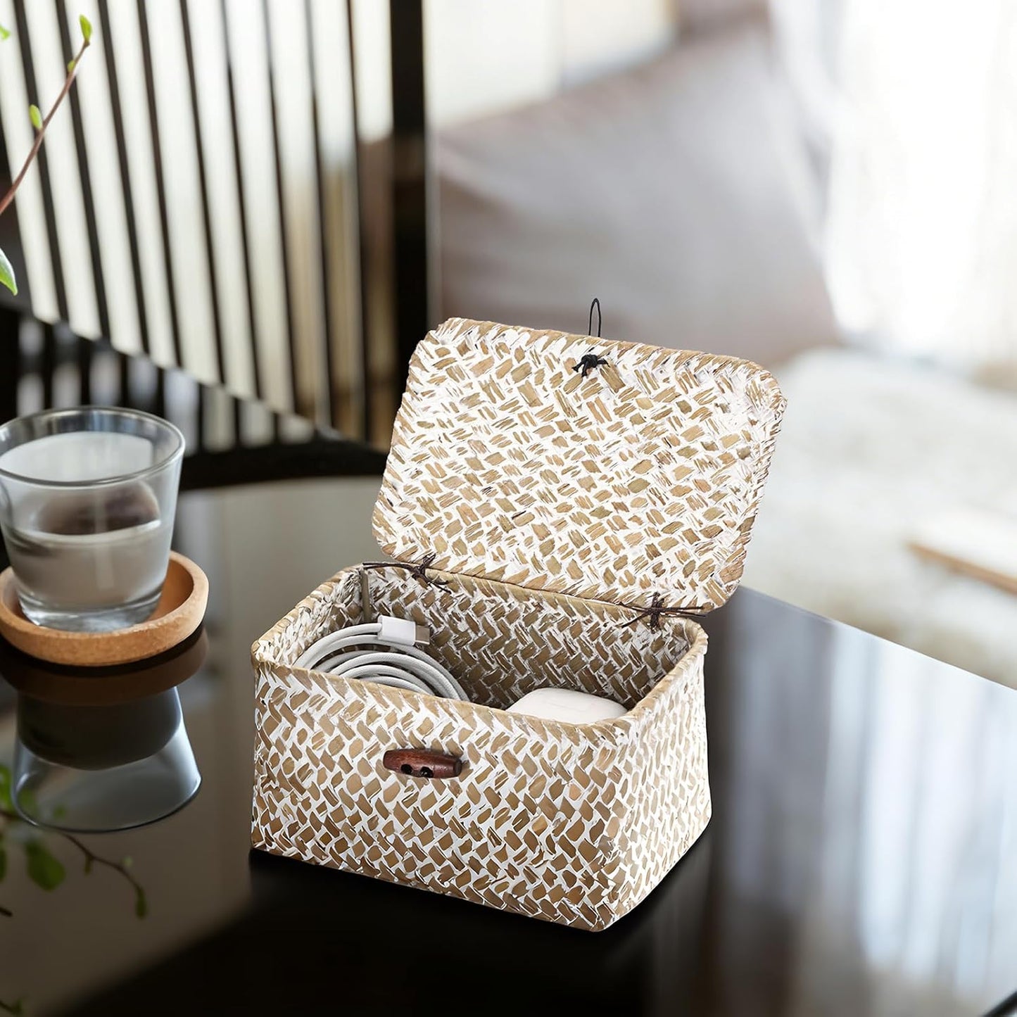Wicker Shelf Basket Mini Seagrass Basket / 6.1 x 4.0 x 3.3 / Whitewash Color