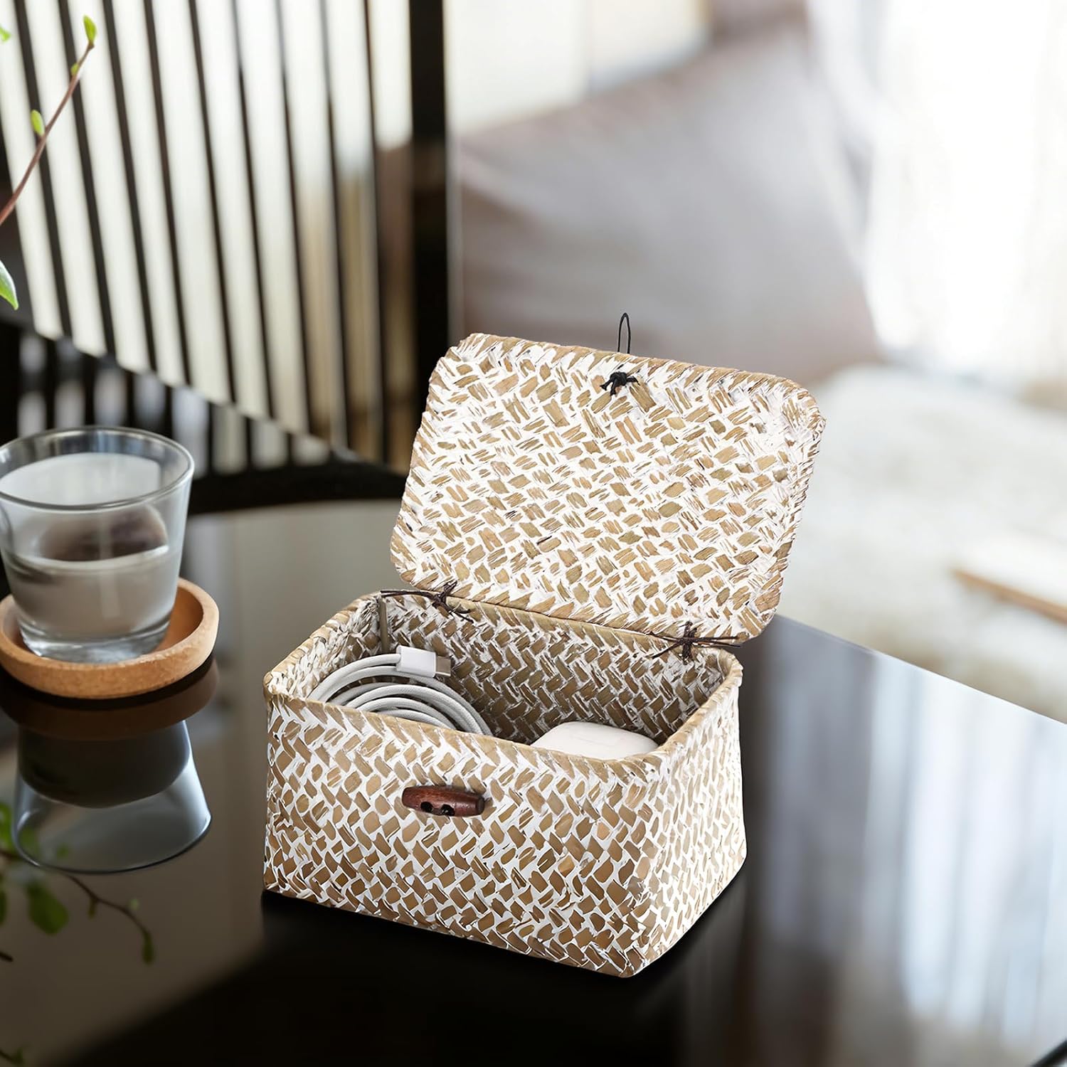 Wicker Shelf Basket Mini Seagrass Basket / 6.1 x 4.0 x 3.3 / Whitewash Color