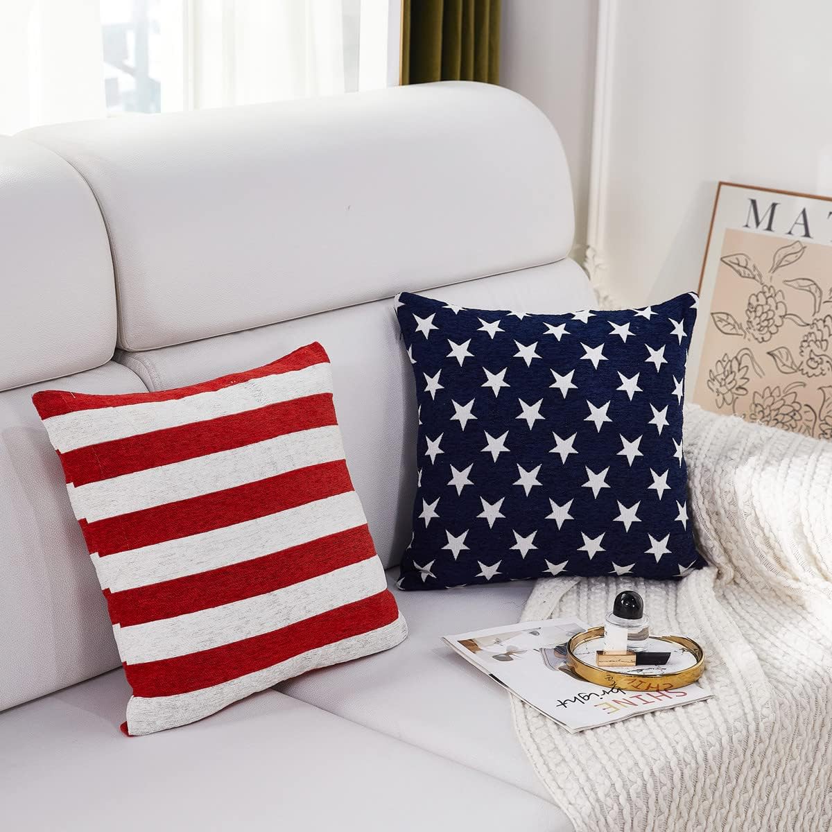 Soft Chenille Decorative Patriotic Throw Pillow Cover Case / Blue Stars / 18 x 18 / Set of 2