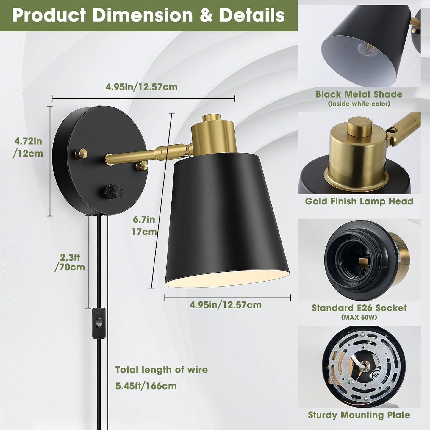 Lomoky Plug in Wall Sconces Set of 2, Dimmable Wall Lights with Plug in Cord and Dimmer On/Off Knob Switch, Adjustable