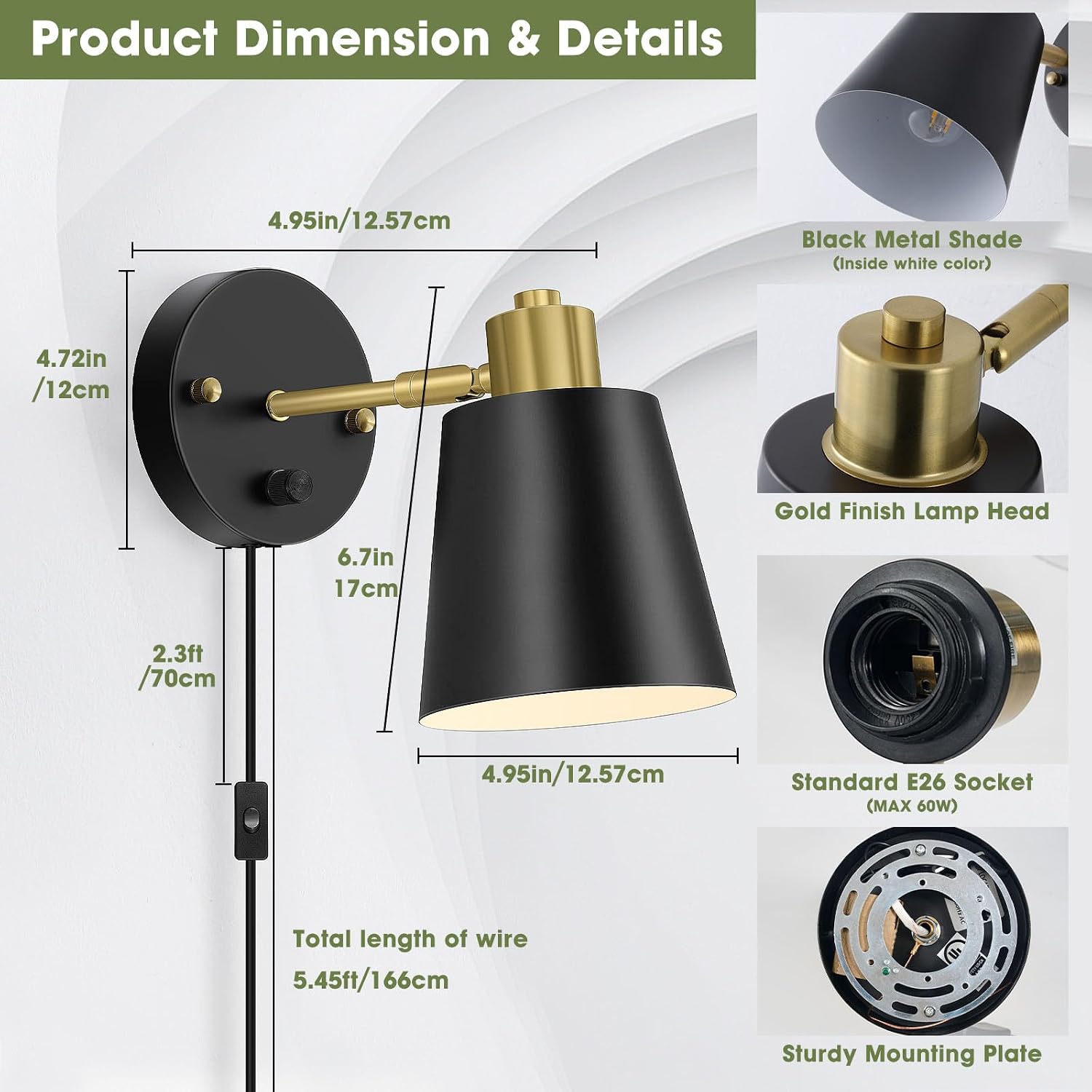 Lomoky Plug in Wall Sconces Set of 2, Dimmable Wall Lights with Plug in Cord and Dimmer On/Off Knob Switch, Adjustable