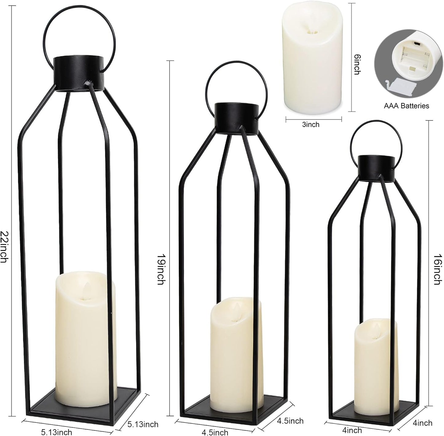 HPC Decor 22'' 19'' 16'' Lanterns Decorative w/Flickering Timer Candles- Tall Large Black Metal Candle Lanterns Set of