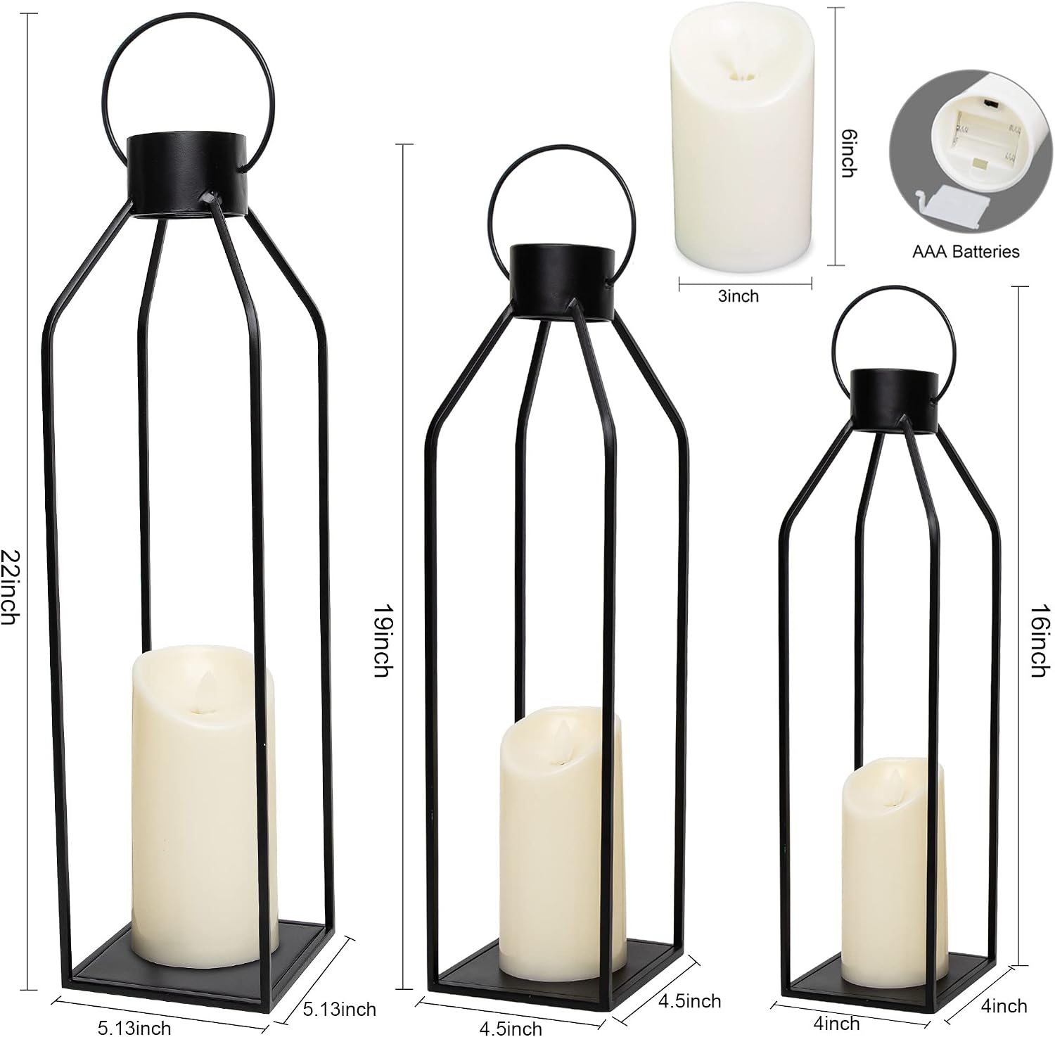 HPC Decor 22'' 19'' 16'' Lanterns Decorative w/Flickering Timer Candles- Tall Large Black Metal Candle Lanterns Set of