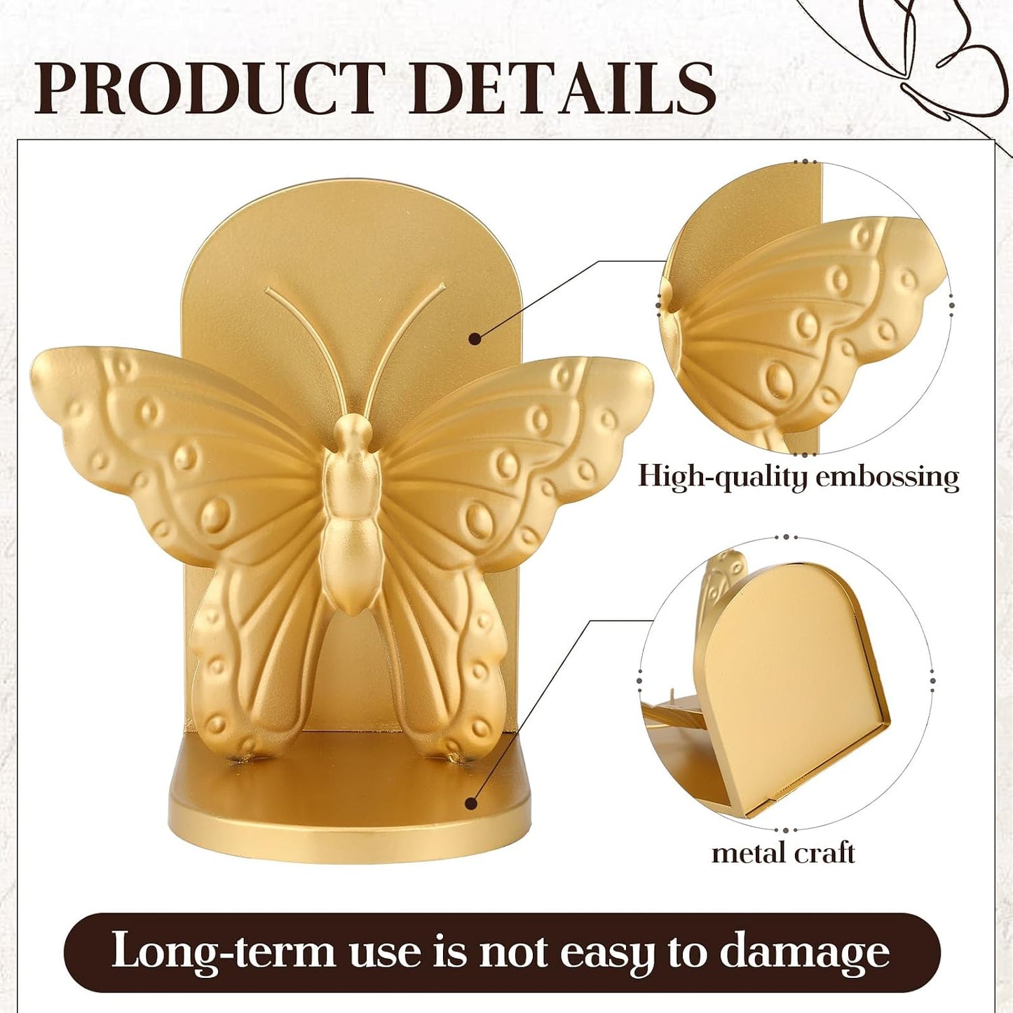Vintage Butterfly Bookends Metal Butterflies on Stands / Gold / Set of 2