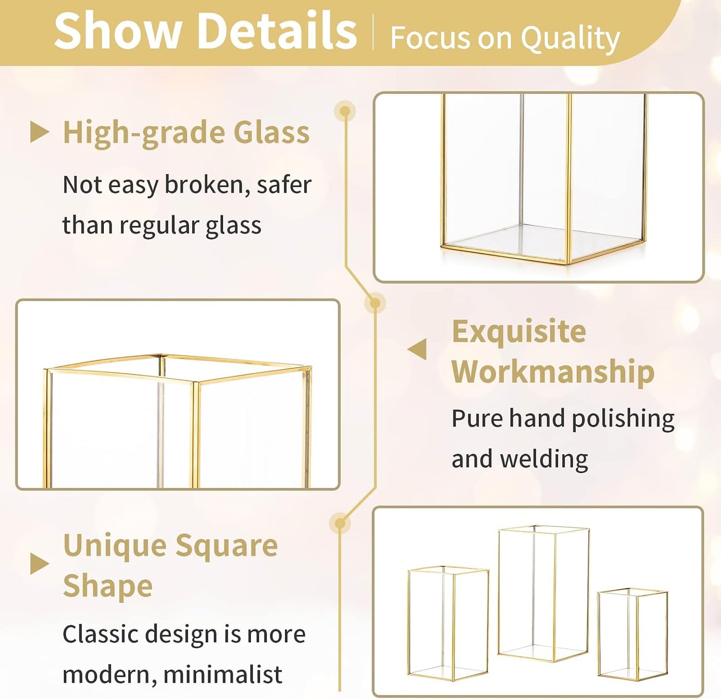 Nuptio Glass Hurricane Candle Holder Set of 3 Gold Pillar Candle Holders Large Rectangular Candleholder Table