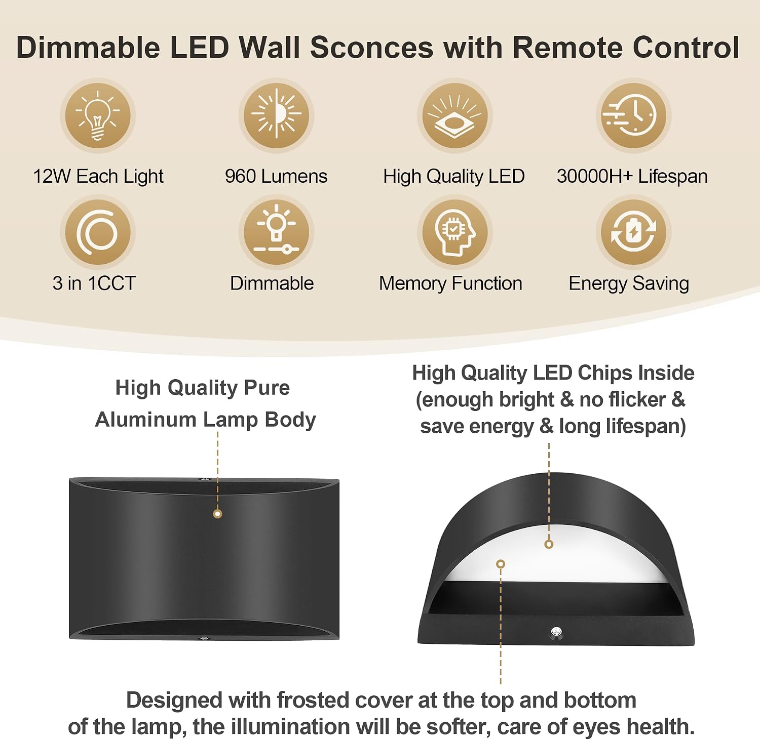TRLIFE Modern LED Wall Sconces, Remote Control Dimmable and Adjustable Color Temperature 3000K~6000K Aluminum 12W